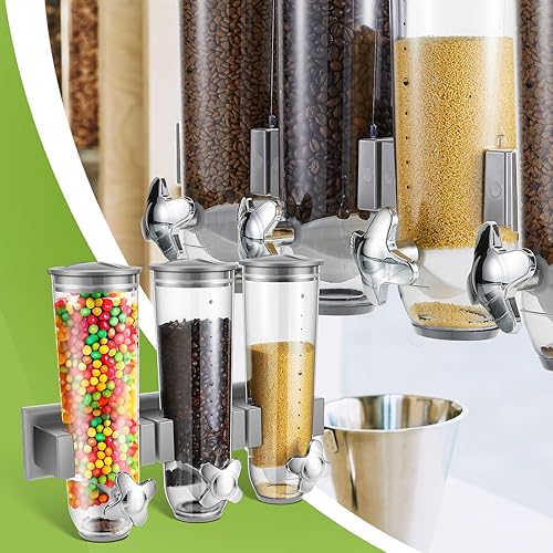 Miniatura 4 de Umigy Dispensador de dulces montado en la pared, dispensador triple de cereales secos para montaje en pared, contenedor de almacenamiento de