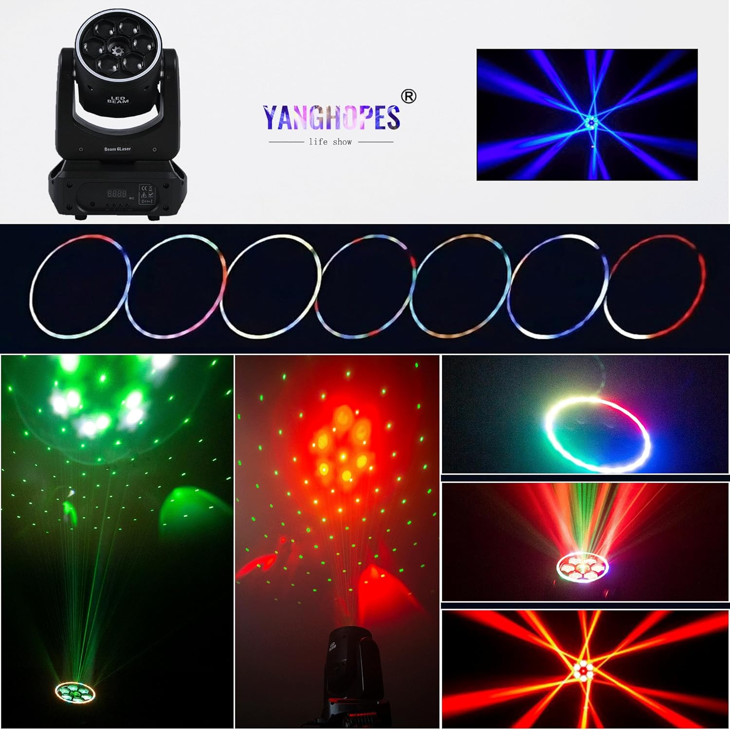 Various lighting effects produced by the moving head light.