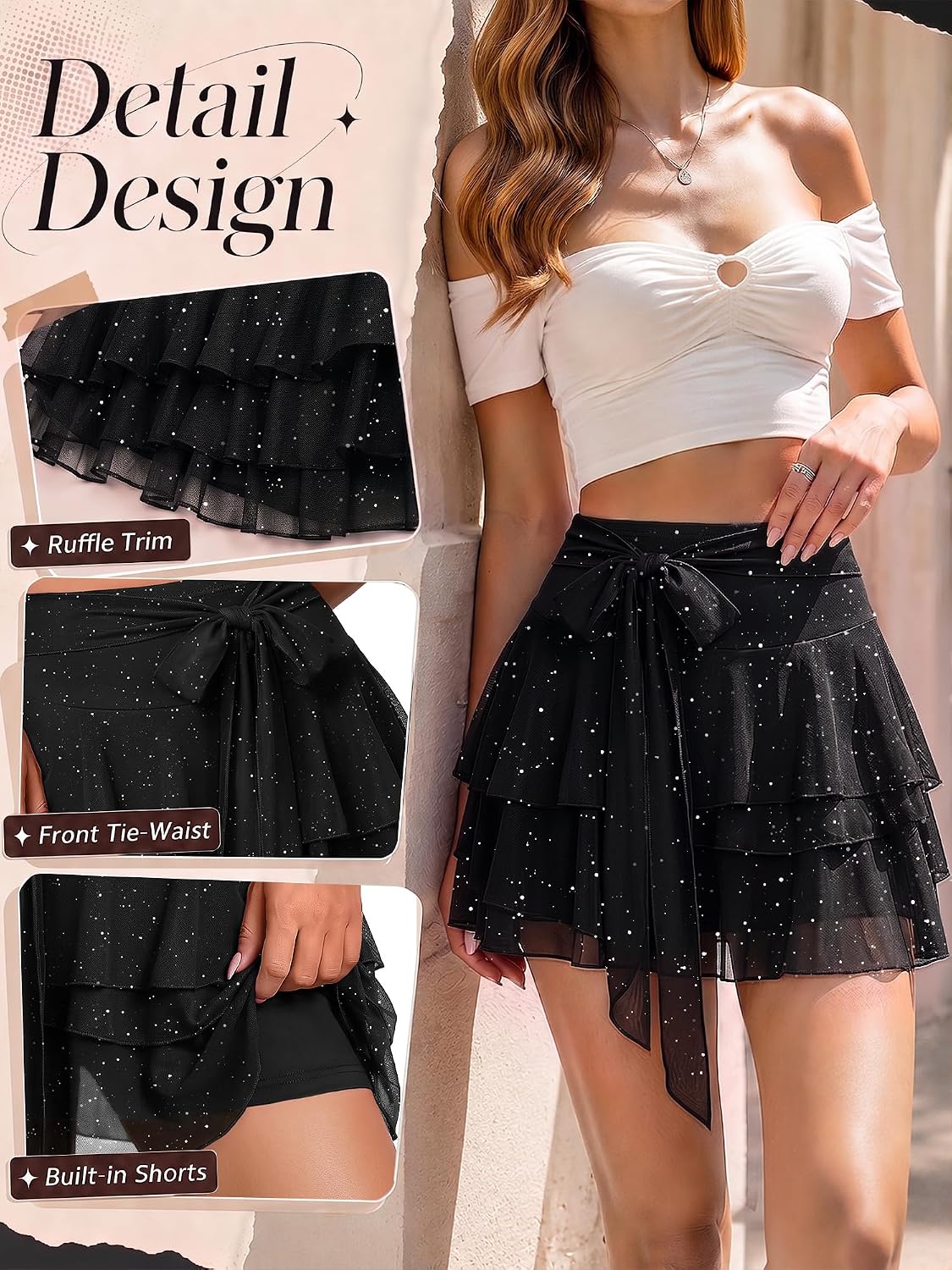 Women's Mini Skirt Mesh Y2K Skirts Flowy Ruffle Skirt with Built-in Shorts