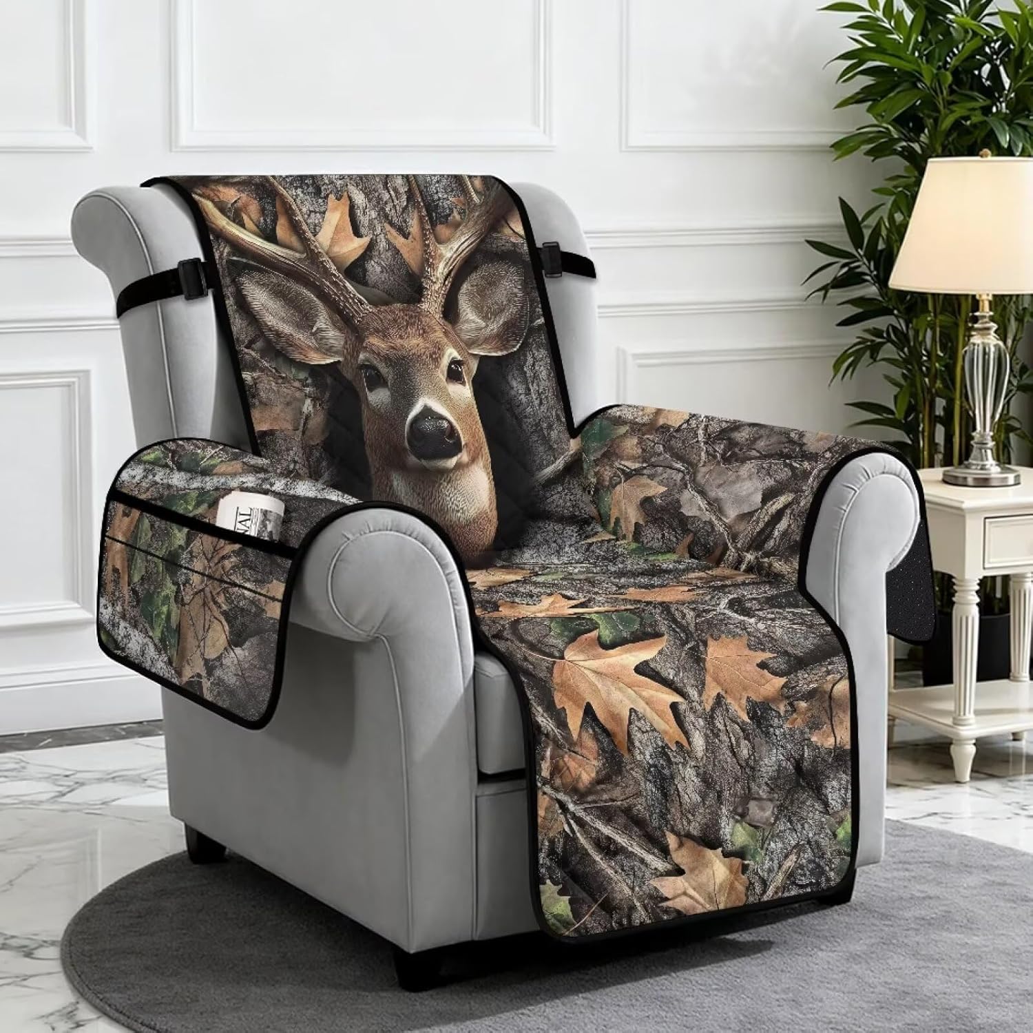 ZDCUSTOM Recliner Chair Cover Deer Camo Hunting Print Recliner Covers with Pockets Lazyboy Reclining Sofa Slipcovers Stretch Furniture Protector for Home Decorations
