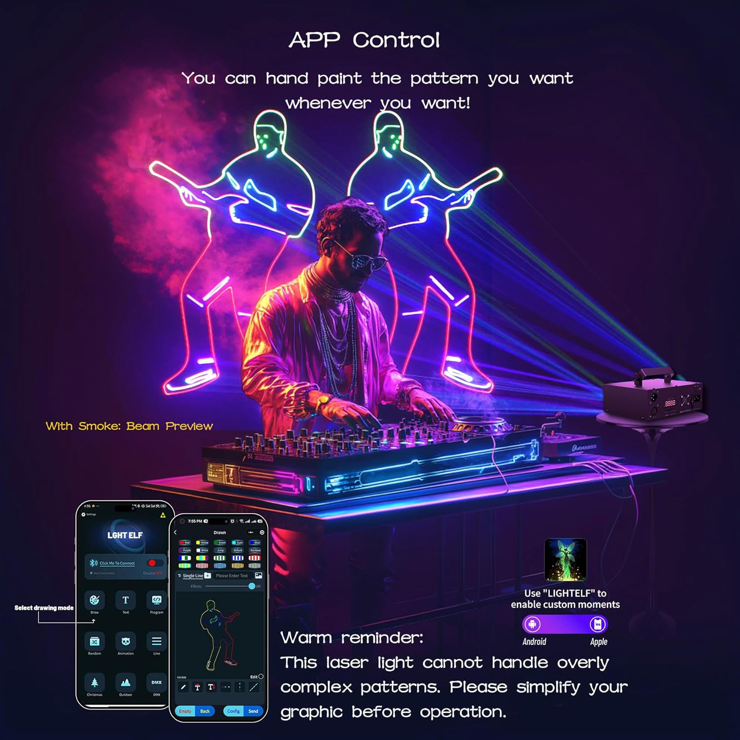 DJ Laser Light with APP Control & DMX512, RGB 3D Dual-Aperture Animation Projector, Custom Text & Scenes, Sound Activated Stage Lighting for Party, Club, Karaoke