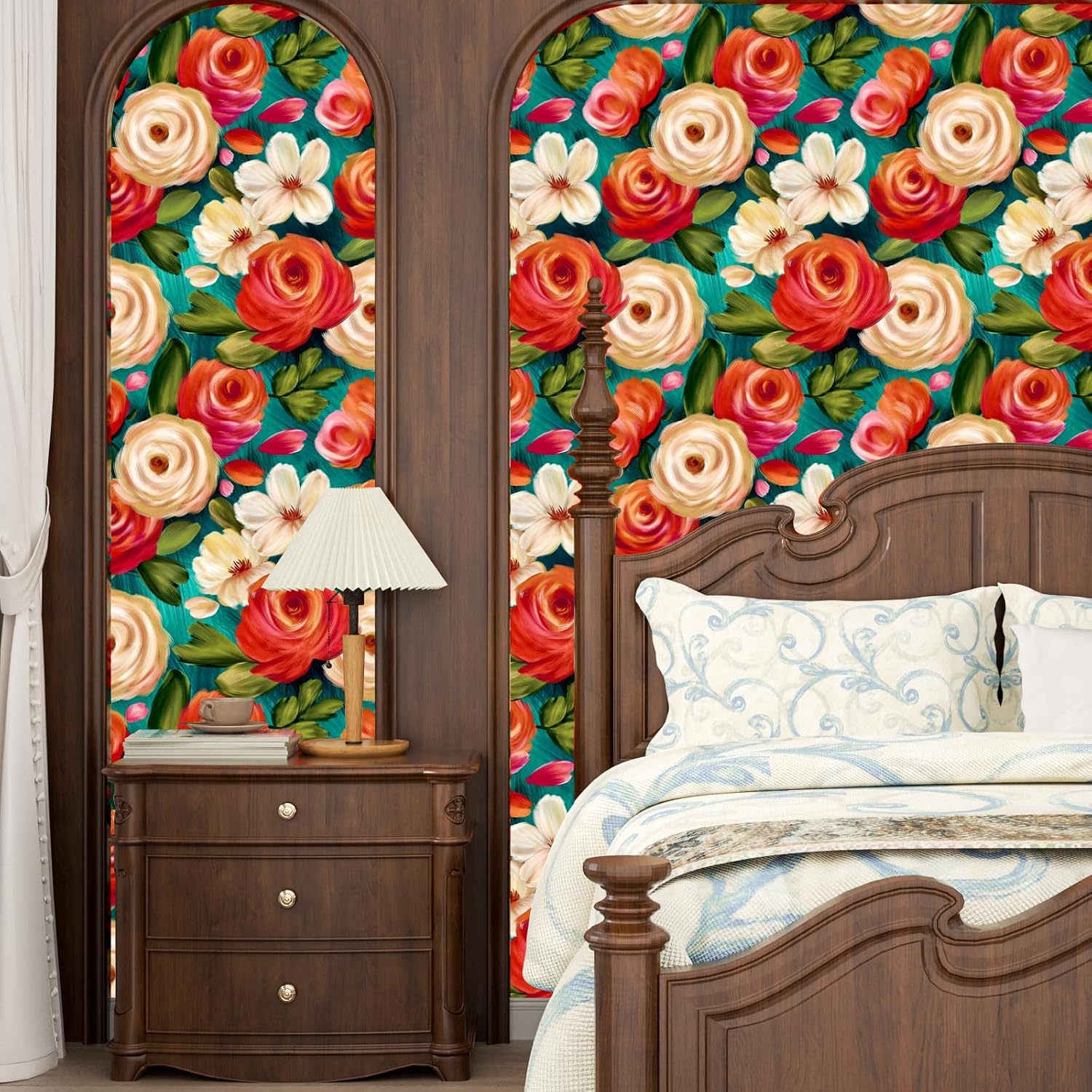 Watercolor Floral Peel and Stick Wallpaper Boho Colorful Vintage Wall Paper 17.5” x 394” Removable Waterproof Self Adhesive Modern Contact Paper for Cabinet Drawer