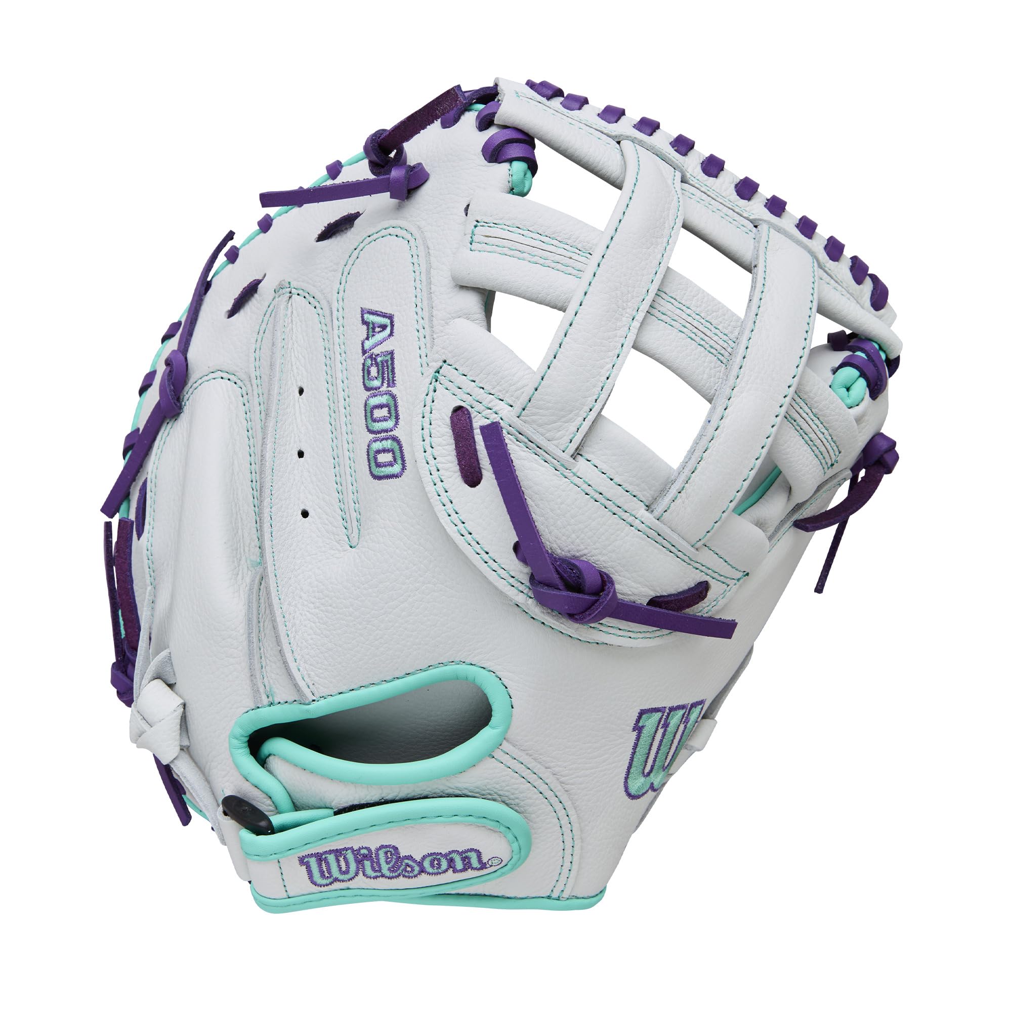 Wilson Manopla para receptores de sóftbol de lanzamiento rápido A500 de 32 pulgadas, para lanzar a la derecha, blanco/espuma de mar/morado