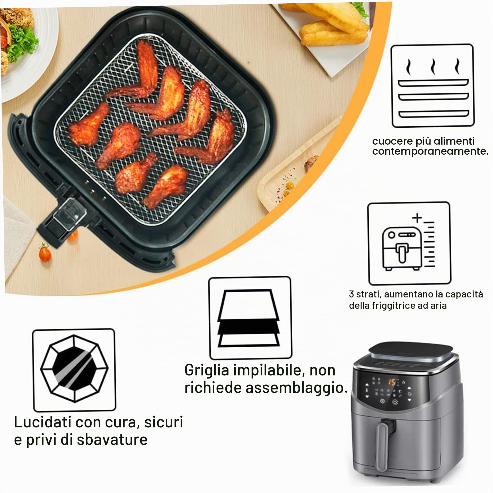 Rack Per Friggitrice Ad Aria 3 Pezzi Impilabile Da 8,27 Pollici Torre Quadrata Cestello Per Friggitrice Ad Aria Cestello Per Griglia in Acciaio Inossidabile Accessori Per Friggitrice Ad Aria Per