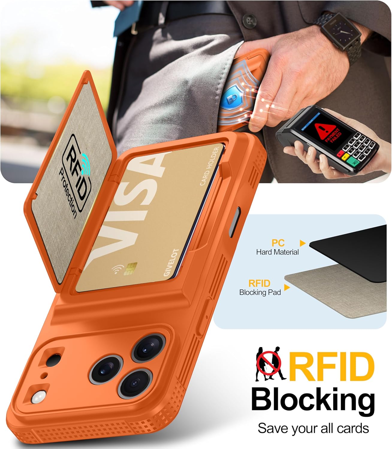 for iPhone 17 Pro Max Case with Card Holder（4-5 Cards）[9H Screen Protector ][Full Camera Protection][RFID Blocking][Hidden Kickstand]Rugged Heavy Duty Wallet Case for iPhone 17 Pro Max, Orange
