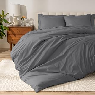 100% Organic Cotton Queen Duvet Cover Set - Crisp Percale Weave - Lightweight & Breathable - Cooling Duvet Cover Set (Queen, Grey)