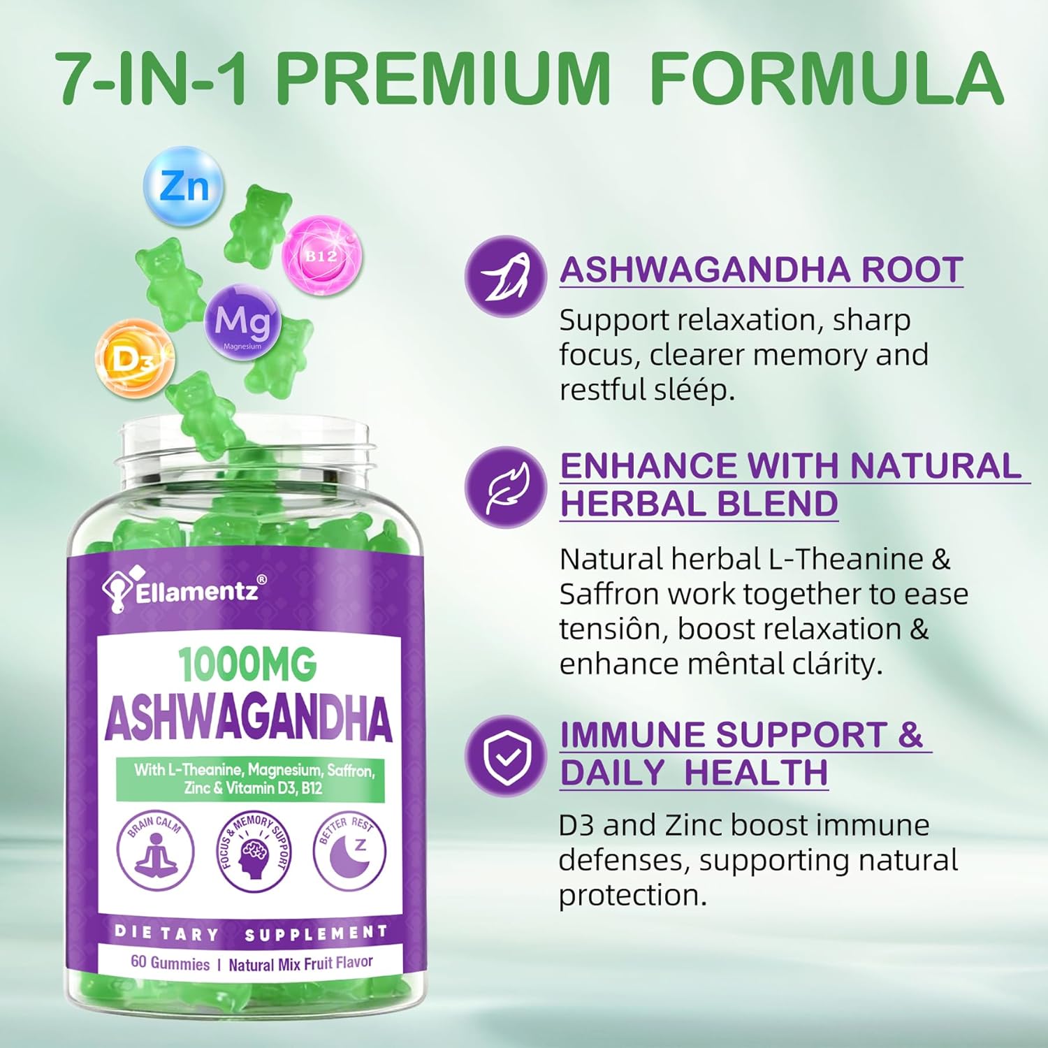 Ashwagandha Gummies 1000mg with L-Theanine & Magnesium - Natural Calm Gummies with Vitamin D3, B12 & Zinc Support Relaxation, Daily Mo♡d Balance, Night Rest, Sugar Free,120 Counts - Image 5