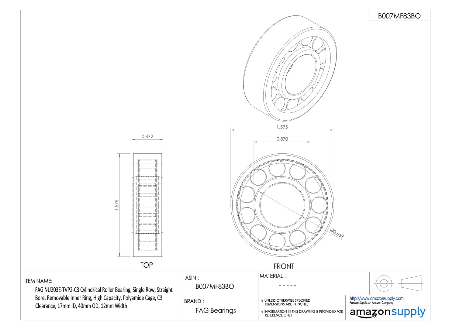 FAG Bearings NU203E-TVP2-C3 Single Row Cylindrical Roller Bearing, Straight Bore, Removable Inner Ring, High Capacity, Polyamide Cage, C3 Clearance, 17mm ID, 40mm OD, 12mm Width