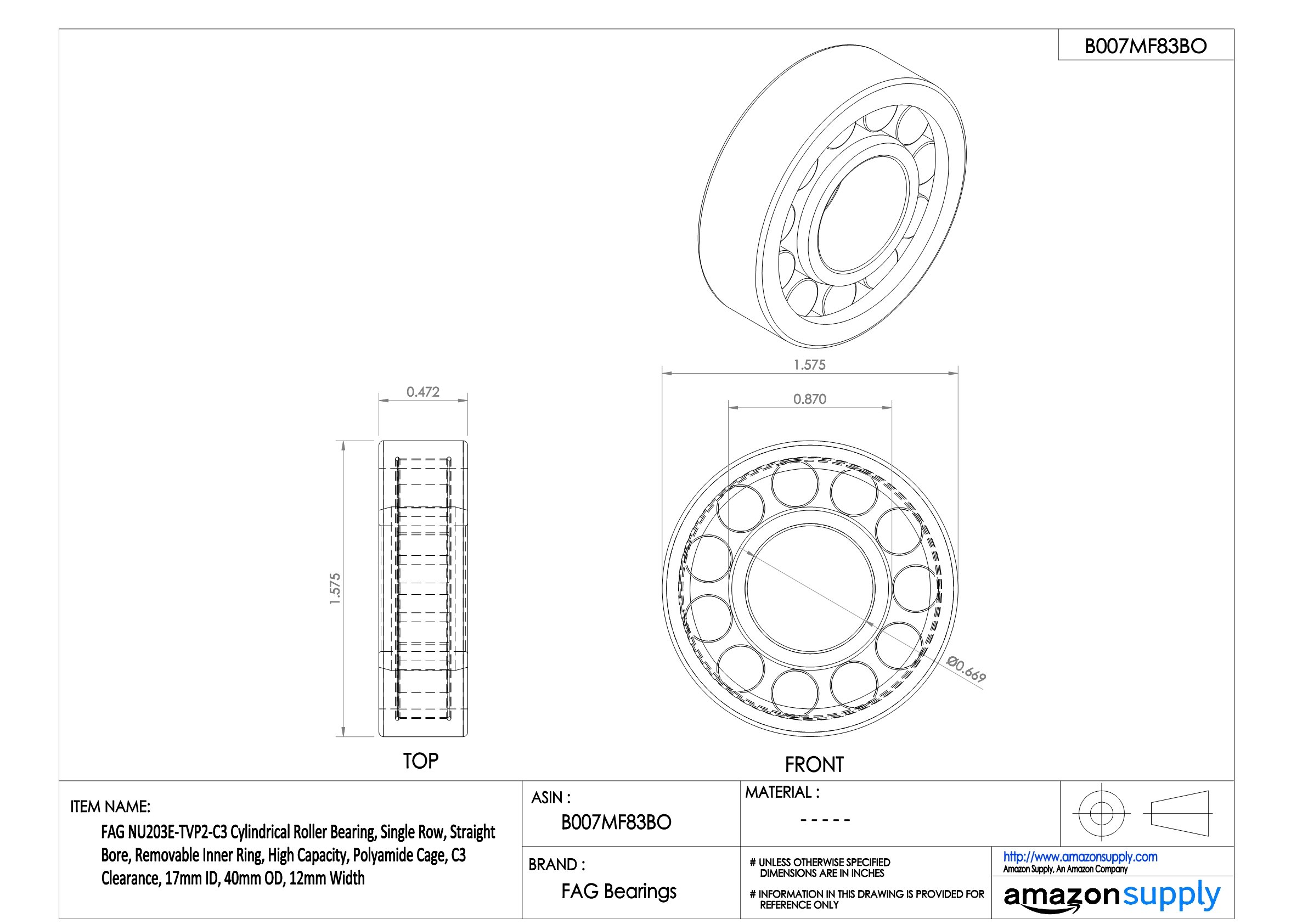 FAG Nu203e-tvp2-c3 cylindrique Roulement à rouleaux, rangée simple, Straight Alésage, Bague intérieure amovible, haute capacité, Polyamide Cage, C3 dégagement, 17 mm ID, OD 40 mm, largeur de 12 mm