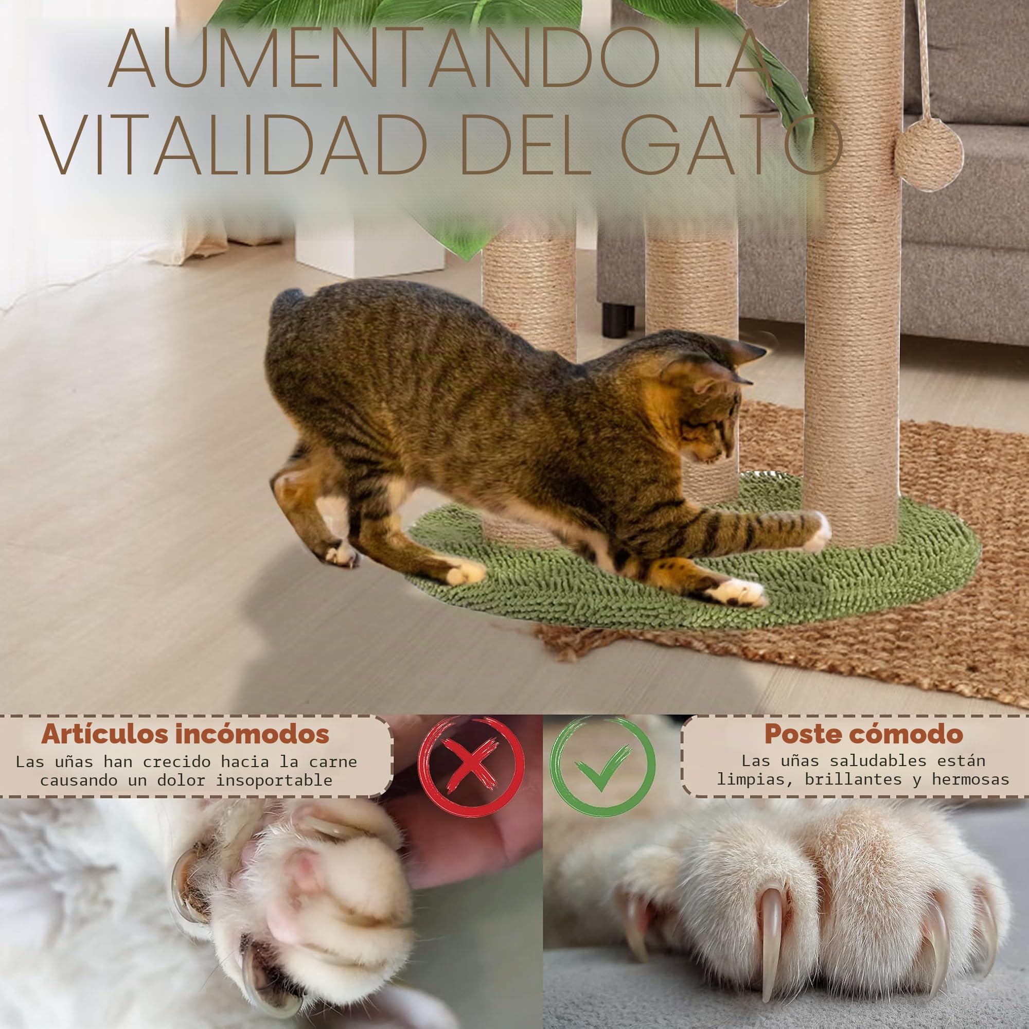 Poste rascador para gatos de 80 cm, árbol rascador mediano con 3 postes rascadores para gatos grandes con 2 bolas colgantes para burlas, cuerda de sisal natural (80 cm)