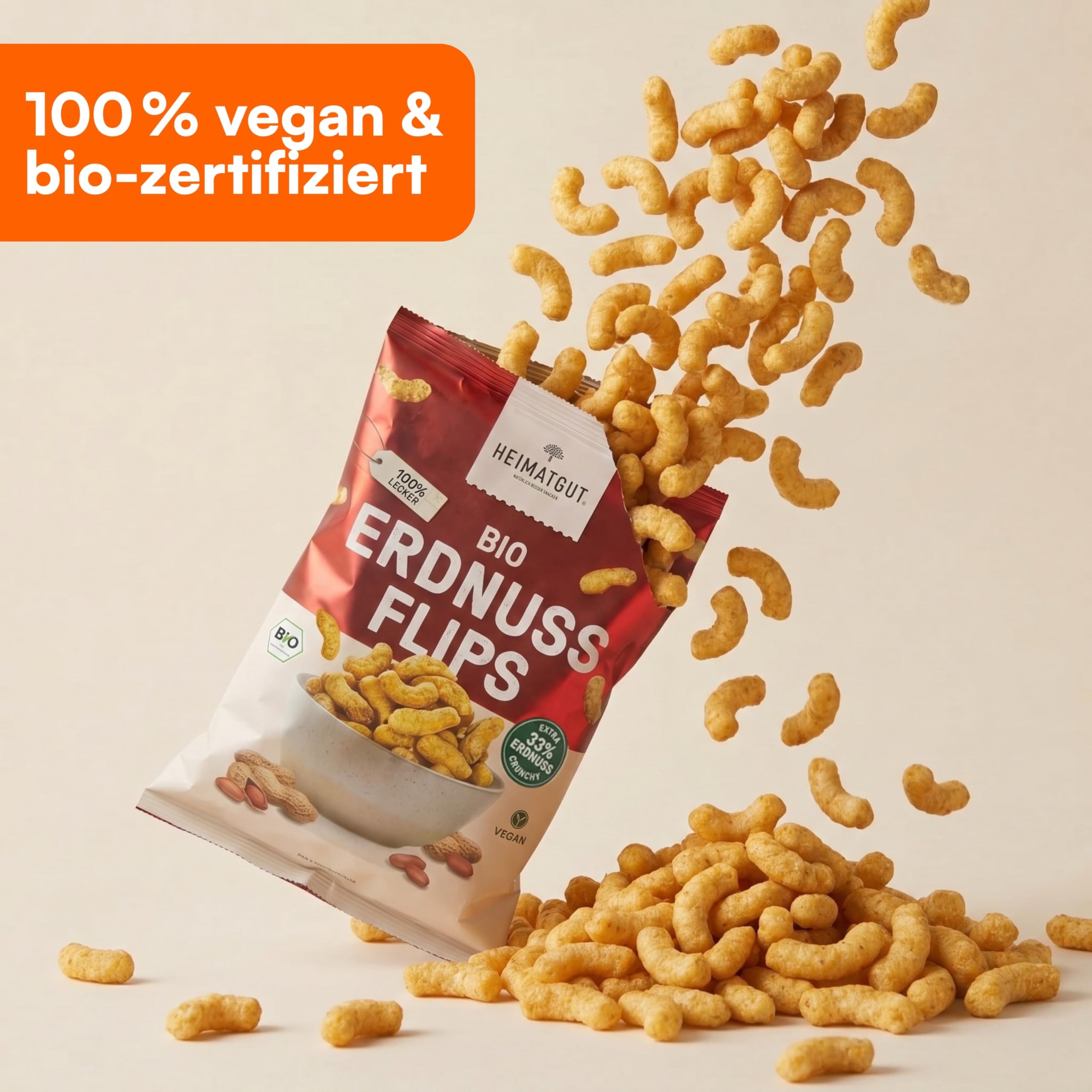 HEIMATGUT Bio Erdnussflips - Im Ofen gebacken statt frittiert - 100% Bio & Vegan - Mit 33% gerösteten Erdnüssen - Proteinquelle - Ohne künstliche Zusätze - 123 kcal pro Portion (14 x 125g)