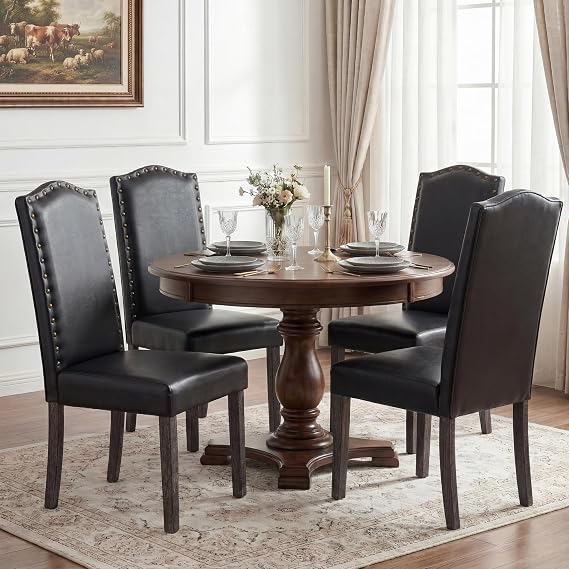 LSSBOUGHT PU Dining Chair Set of 2 Upholstered Parsons Kitchen Chair with Copper Nails and Solid Wood Legs for Dining Room,Restaurant(Black)