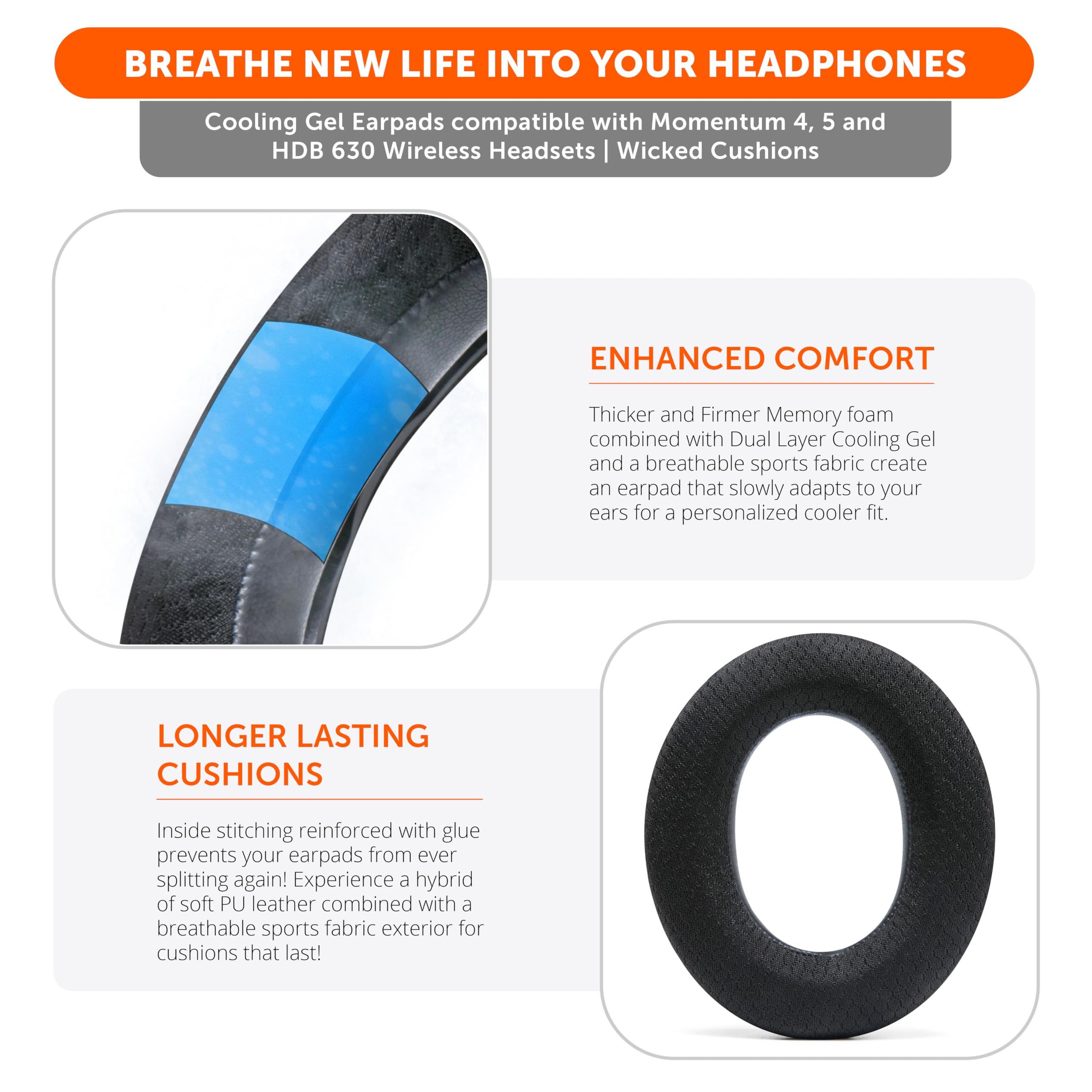 WC FreeZe Momentum 4 - Cuscinetti auricolari in gel rinfrescante per cuffie wireless over-ear Sennheiser Momentum 4 di Wicked Cushions - Aumentano il comfort e lo spessore| Black