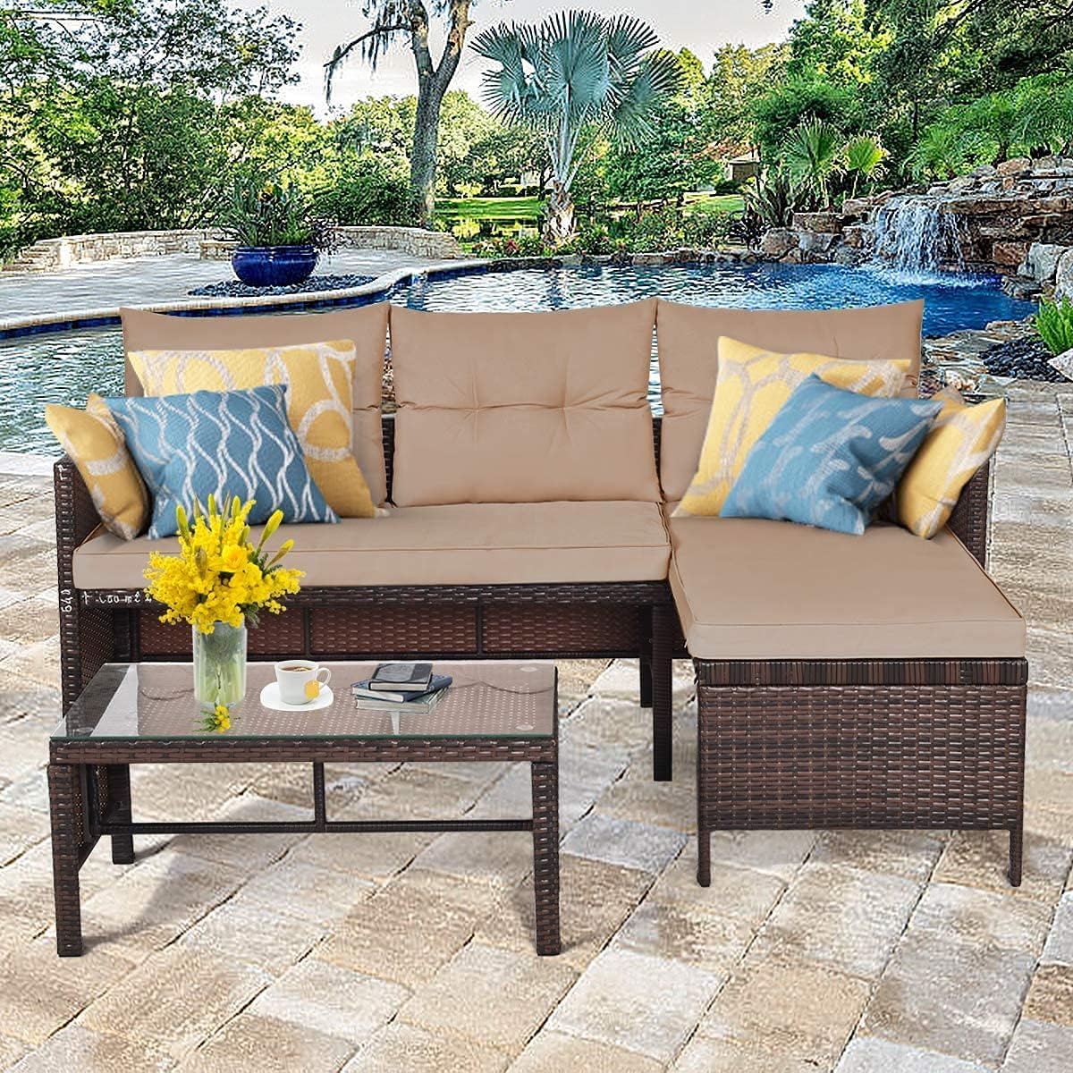 Fireflowery 3-Piece Outdoor Rattan Sectional Sofa Set, Patio Wicker Rattan Conversation Furniture Set, Steel Frame & Seat Cushion, Perfect for Garden Lawn Pool Backyard (Brown)
