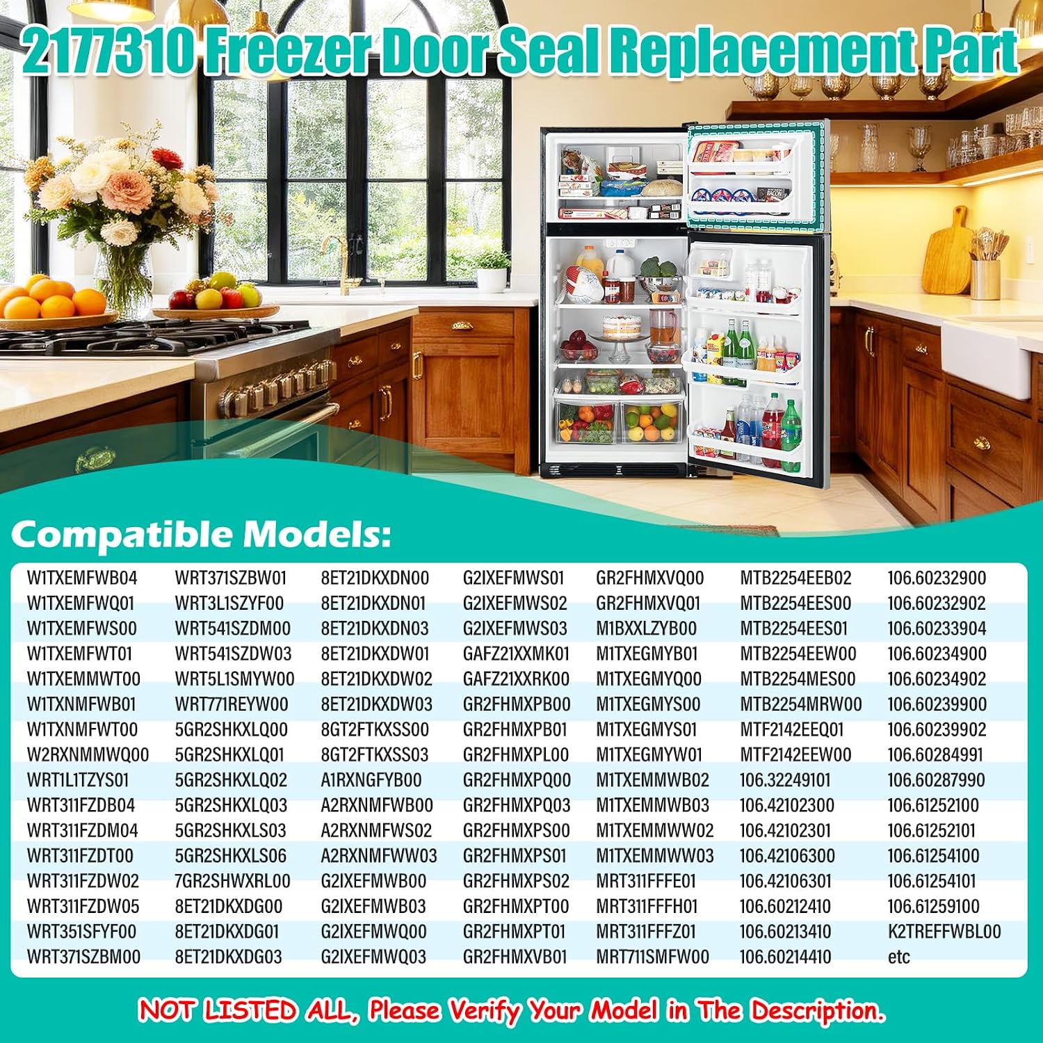 Upgraded 2177310 W11406601 Freezer Door Gasket for Whirlpool Refrigerator Door Seal Replacement 2171390 2214969 for Kenmore KitchenAid Maytag Fridge Door Gasket Freezer Door Seal Seal 30.9"x20.07"