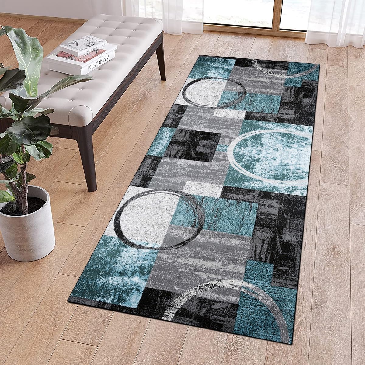 Läufer Flur Küche Teppich rutschfest Blau Grau 120x450CM Lang Kücheläufer Waschbar Meterware Modern Teppichmatten Korridor Polyester Wohnzimmer Schlafzimmer 40-120cm Breit, Anpassbare Größe