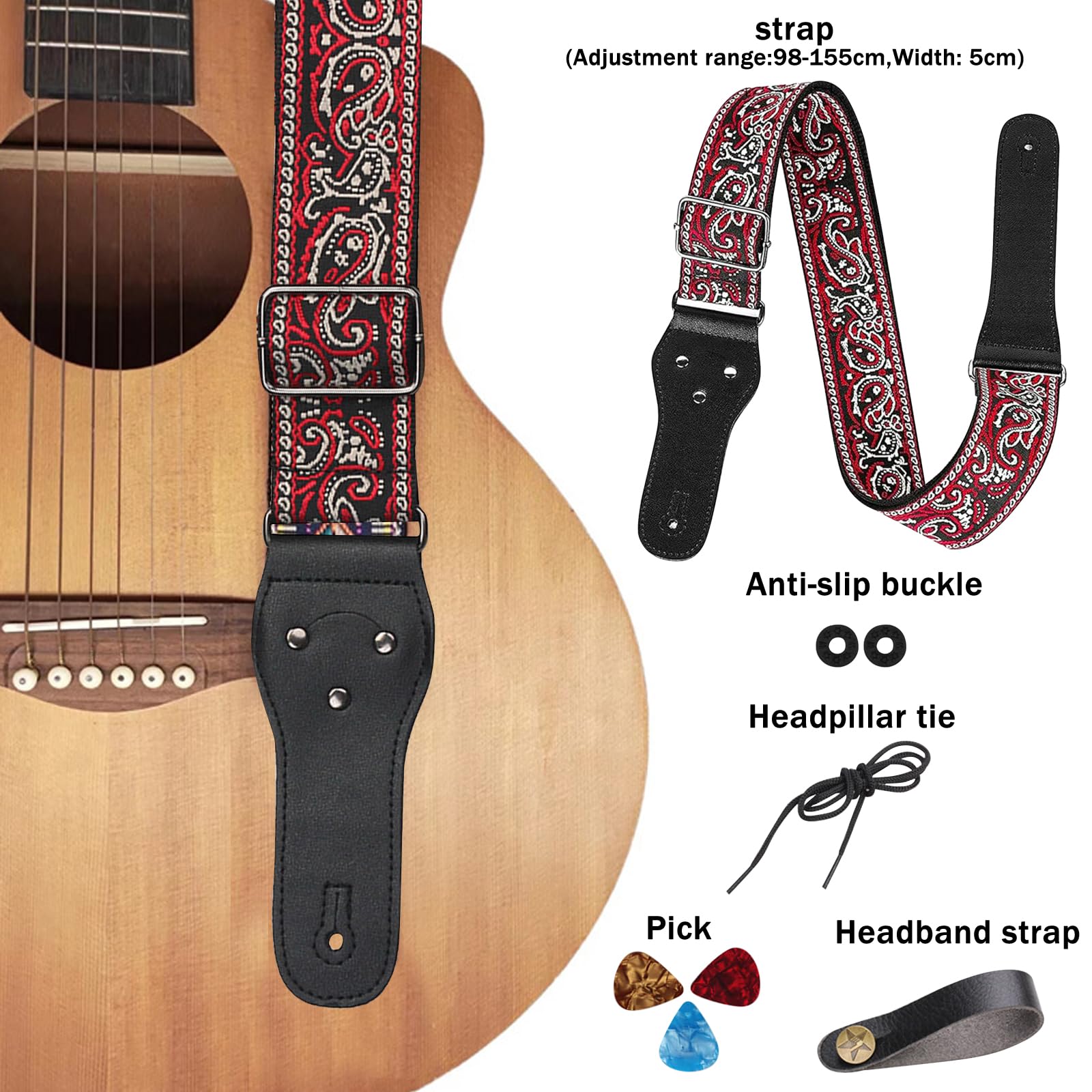 DAVBNM Guitar Strap, Jacquard Embroidery Guitar Straps with Leather Ends Adjustable Shoulder for Bass Acoustic, Electric - Image 3
