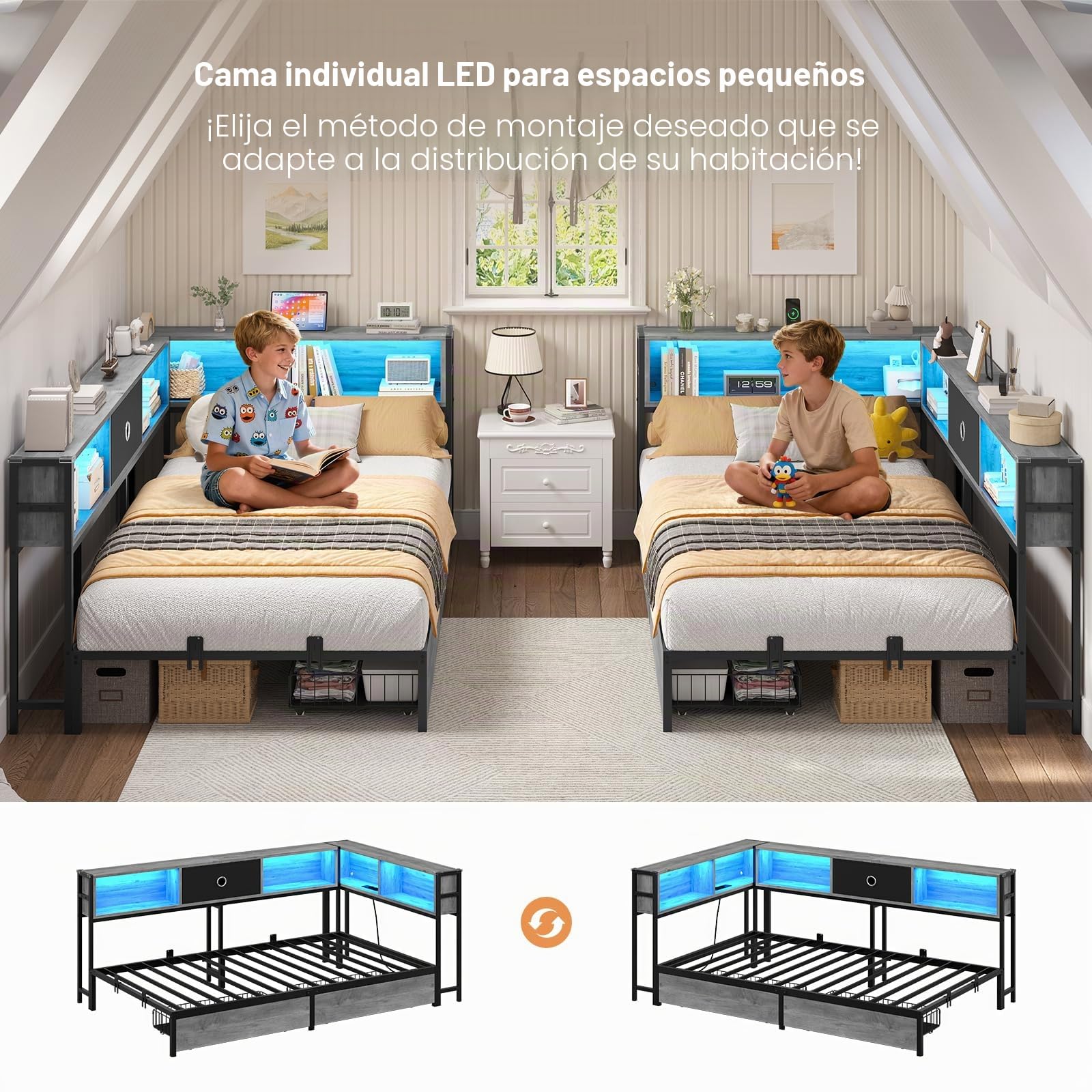 DICTAC Cama juvenil 90x200 con iluminación LED y estación de carga, cama 90 x 200 con espacio de almacenamiento - 5 compartimentos y 2 cajones, cama de día individual 90x200 con somier de metal, cama