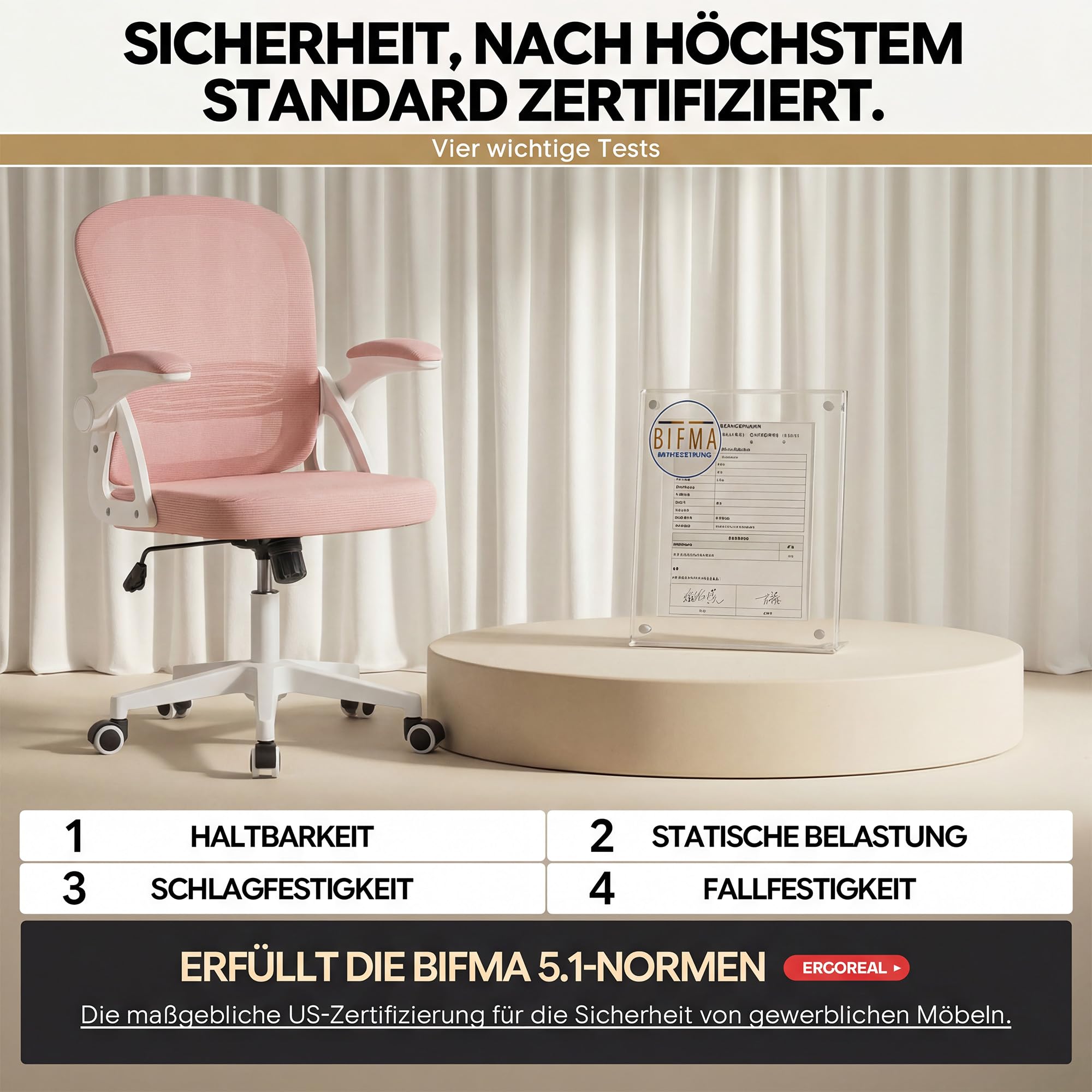 Ergonomischer Bürostuhl, 90-110° Verstellbare Rückenlehne & Aufklappbare Armlehnen (90°), Bürostuhl mit Rollen & Höhenverstellung,Homeoffice & Arbeitszimmer (Kirschblütengrau)