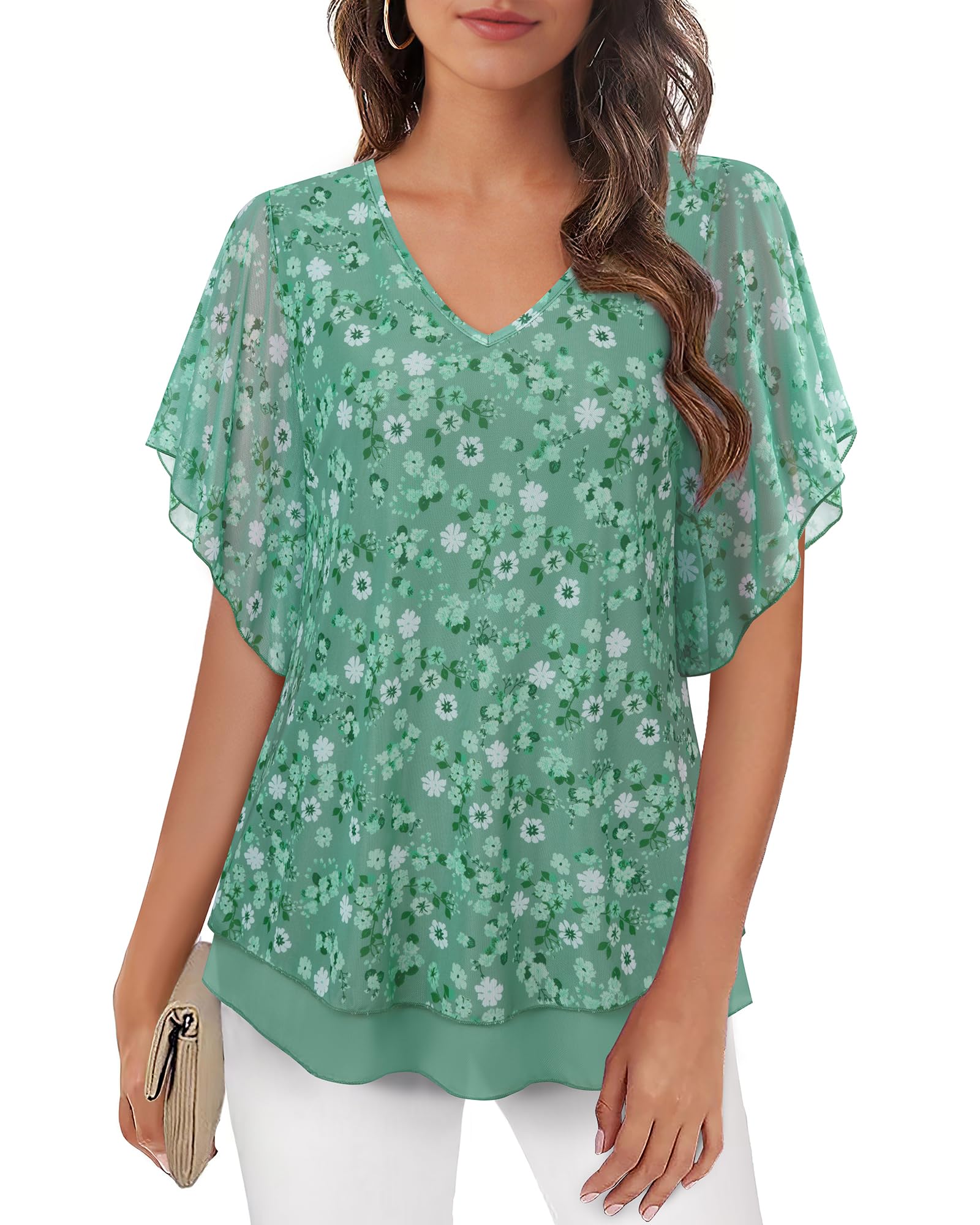 Furnex Blouses for Women Dressy Casual,Double Layers Mesh Elegant Summer Blouses,Short Sleeve V Neck Women's Tunic Tops