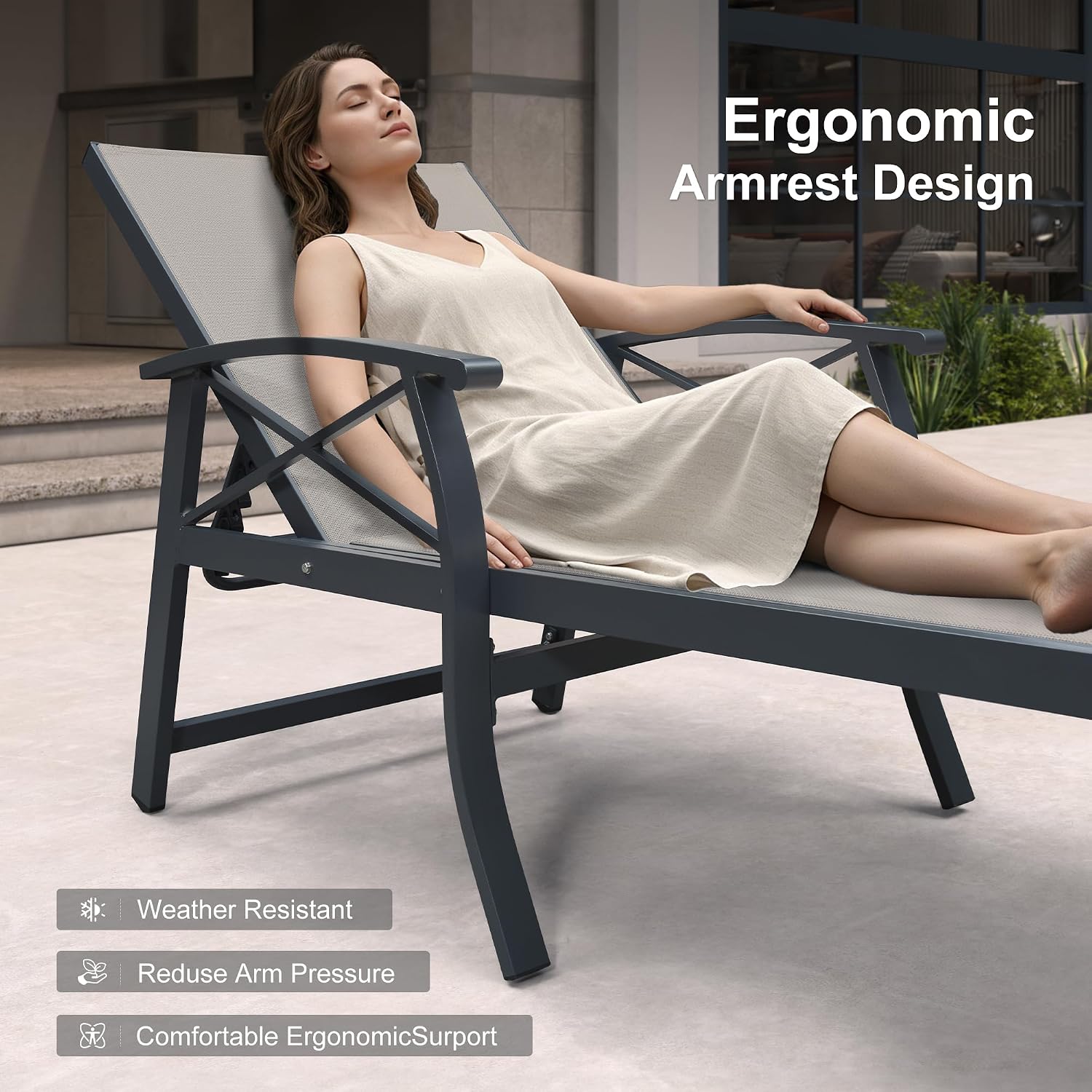 PURPLE LEAF Oversized Chaise Lounge Chair Outdoor Set of 2 Extra Wide Pool Lounge Chairs 5 Adjustable Position with Armrests and Side Table Aluminum Patio Lounge Chair for Outside Beach, Deep Beige