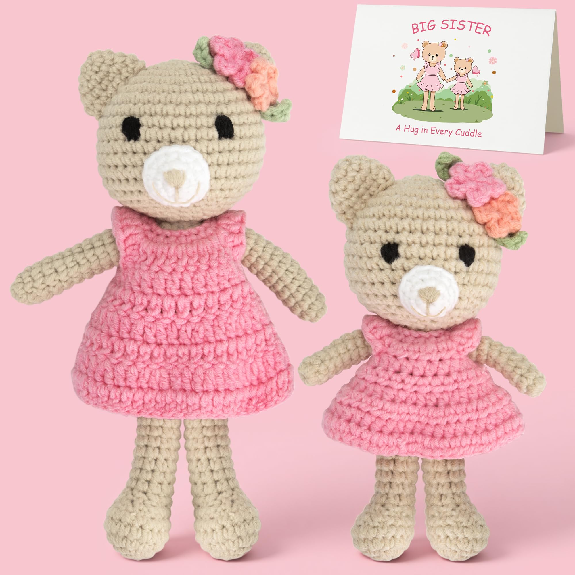 MerriBox Big Sister Crochet Gift β Big Sister Little Sister Bear Dolls, Handmade Matching Stuffed Animals for Sibling Celebration, Older Sister Gift