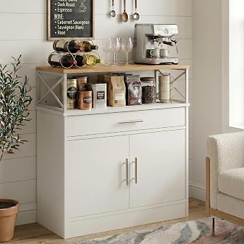 Vongrasig Coffee Bar Cabinet, Farmhouse Kitchen Storage Cabinet with Adjustable Shelf, 31 Modern Sideboard Buffet Table for Kitchen, Dining Room, White