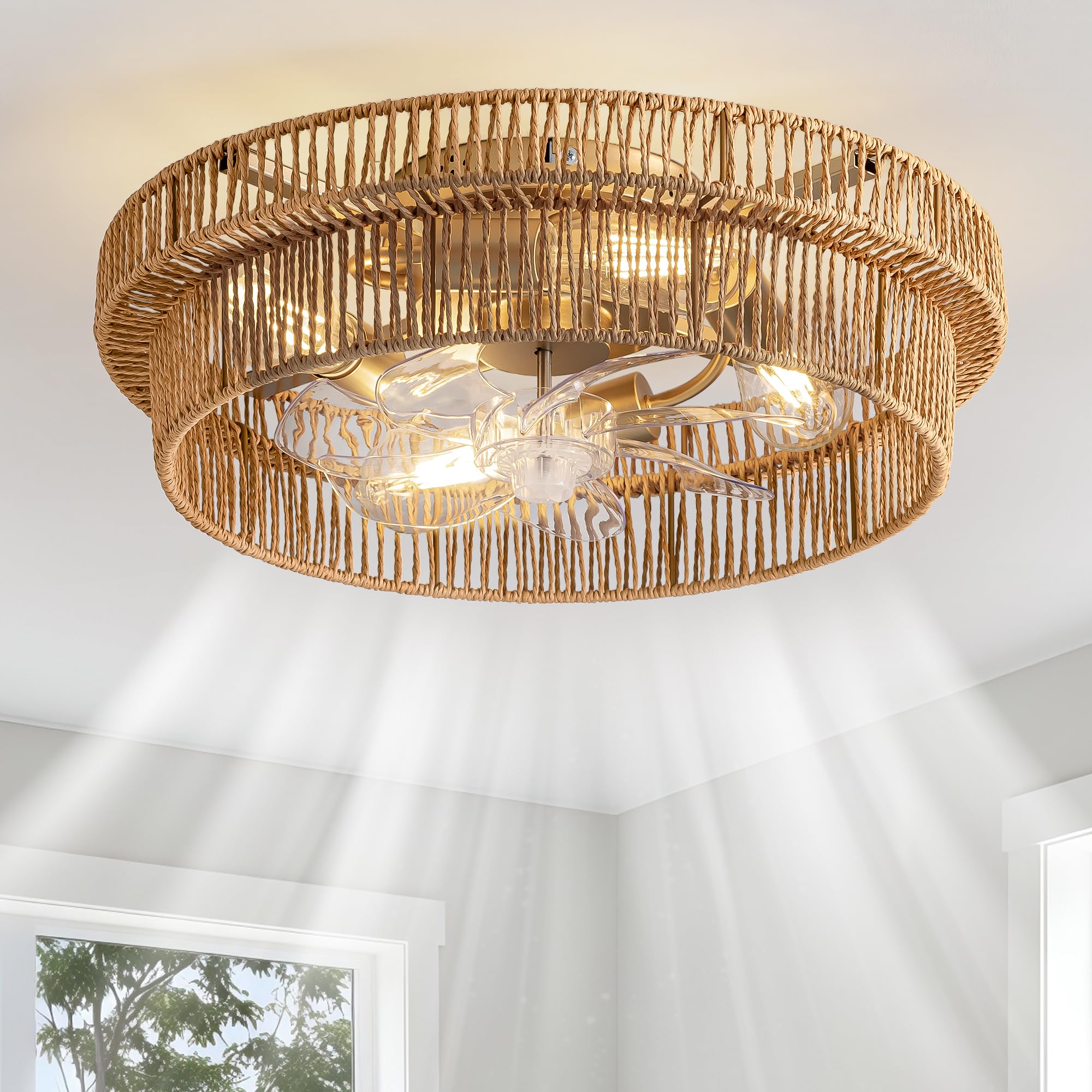 Photo 1 of ***Missing Hardware***DARYEWO Rattan Boho Ceiling Fan with Light Flush Mount, 20 Inch Caged Ceiling Fans with Light and Remote Control, Low Profile Enclosed 6 Speeds for Bedroom, Nursery, Living Room, E26 Base (Brown)