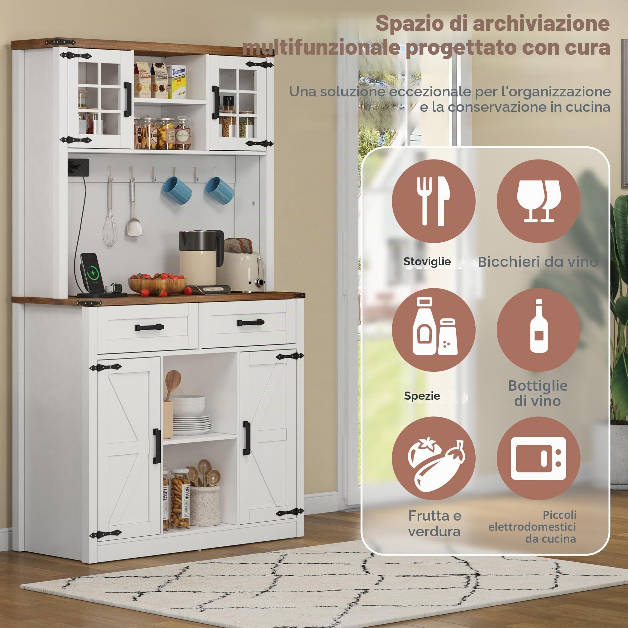 Armadio da bar con illuminazione a LED e prese, grande armadio da cucina con 2 cassetti grandi, design porta fienile, ripiani regolabili, tavolino da caffè-bar (bianco-2)