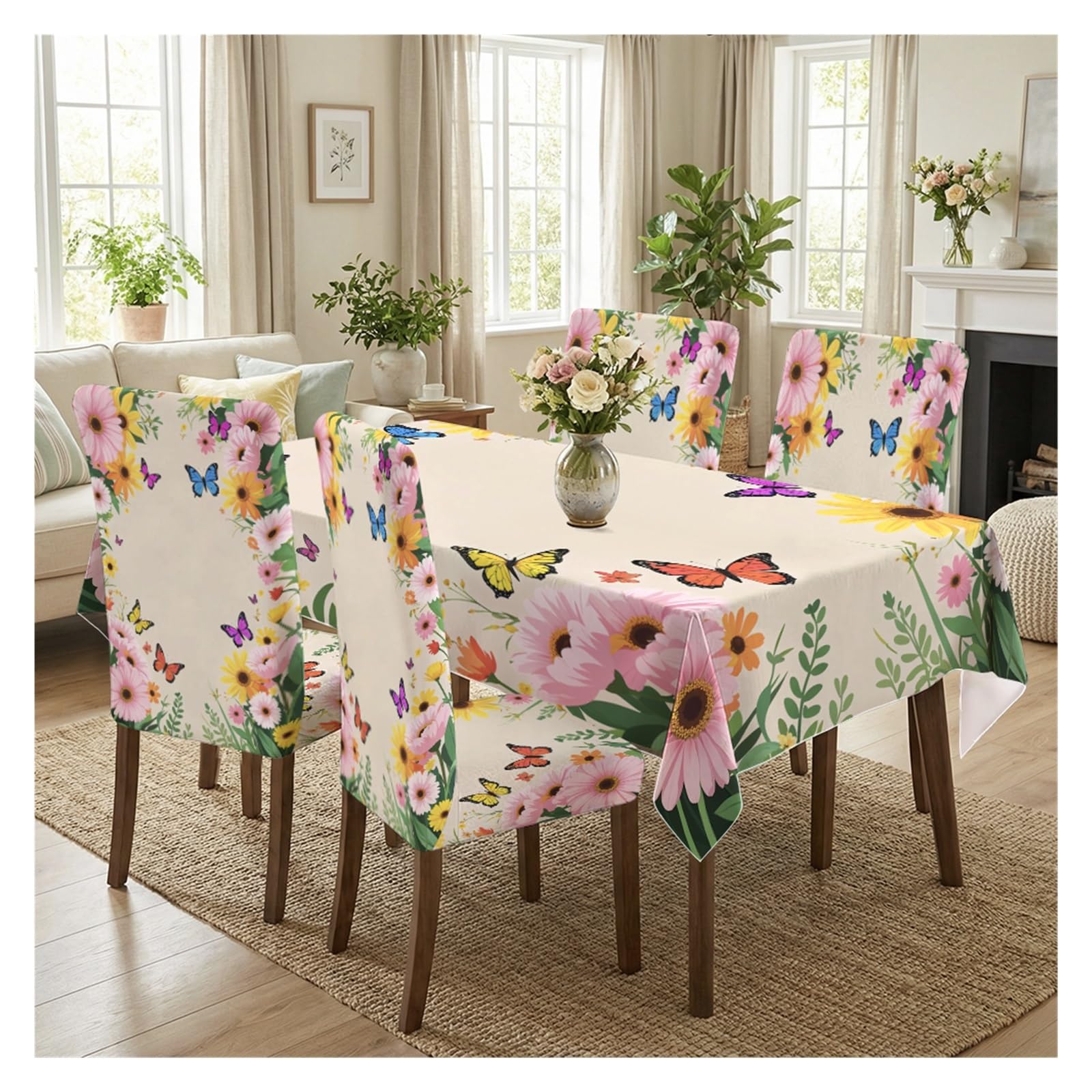 KXUAUV Stretch Dining Chair Slipcover & Tablecloth Set, Light Base Colorful Daisy Butterfly Floral Print, 5/7 Pack, Spring Boho Farmhouse Home Decor Party Decor(5pcs Set: Tablecloth+Chair Covers)