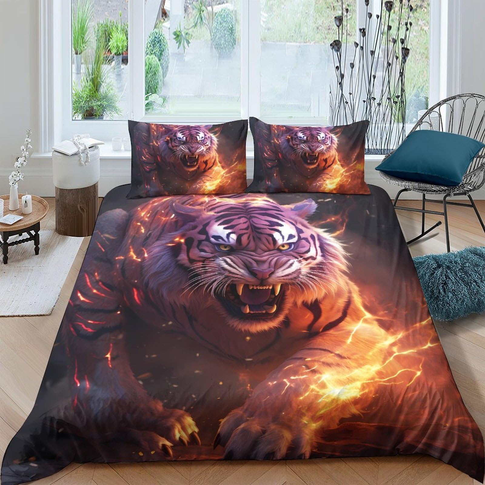 Ctjqhvkz Style-6 3D Printed Fiery Tiger Fitted Sheet Microfiber Soft Non-Slip Mattress Cover For Bedroom Dorm Room Decor Easy Care Single（135X200cm）