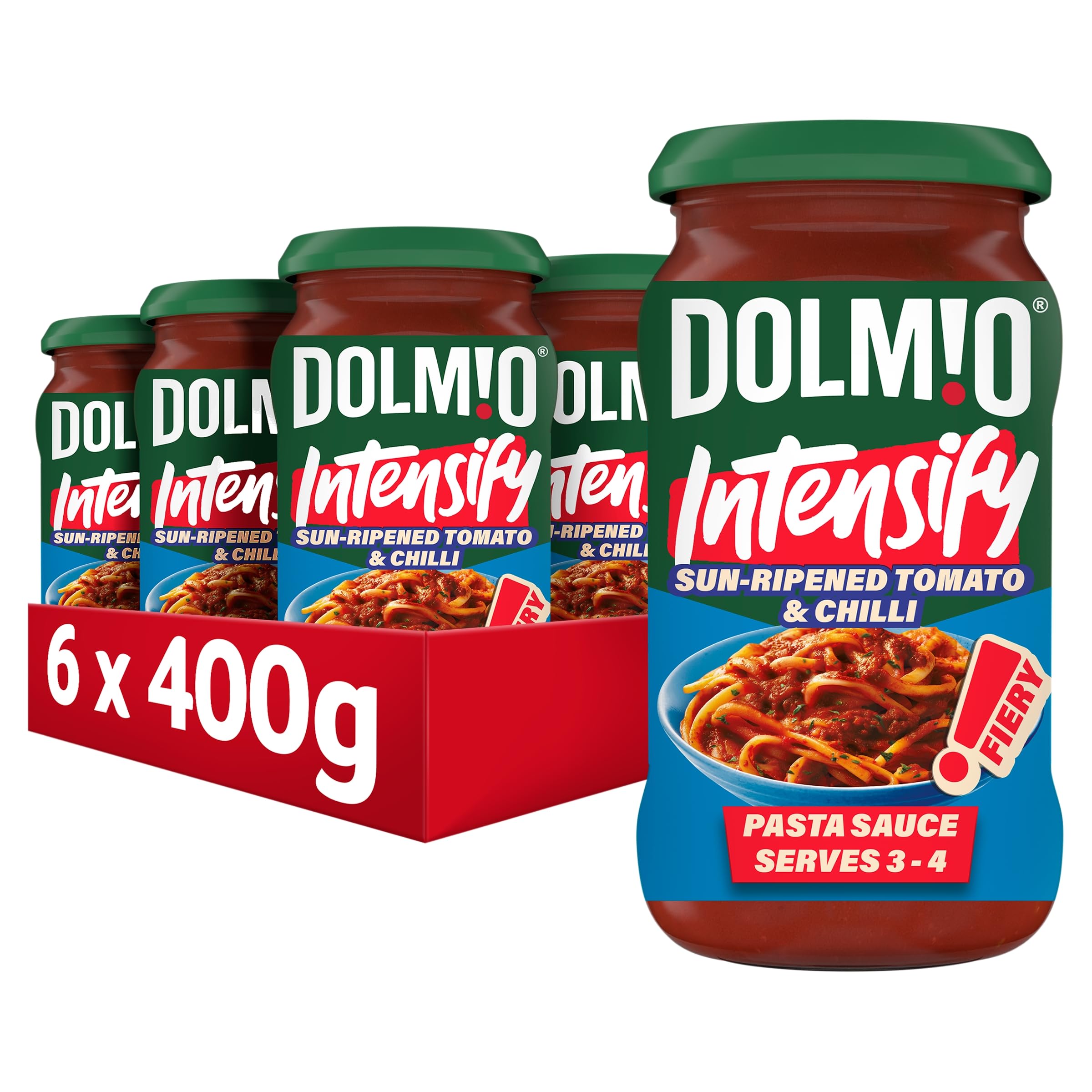Dolmio Intensify Pasta Sauce Fiery Sun Ripened Tomato & Chilli Jar, perfect for a quick pasta meal for 3-4, Bulk Multipack 6 x 400g