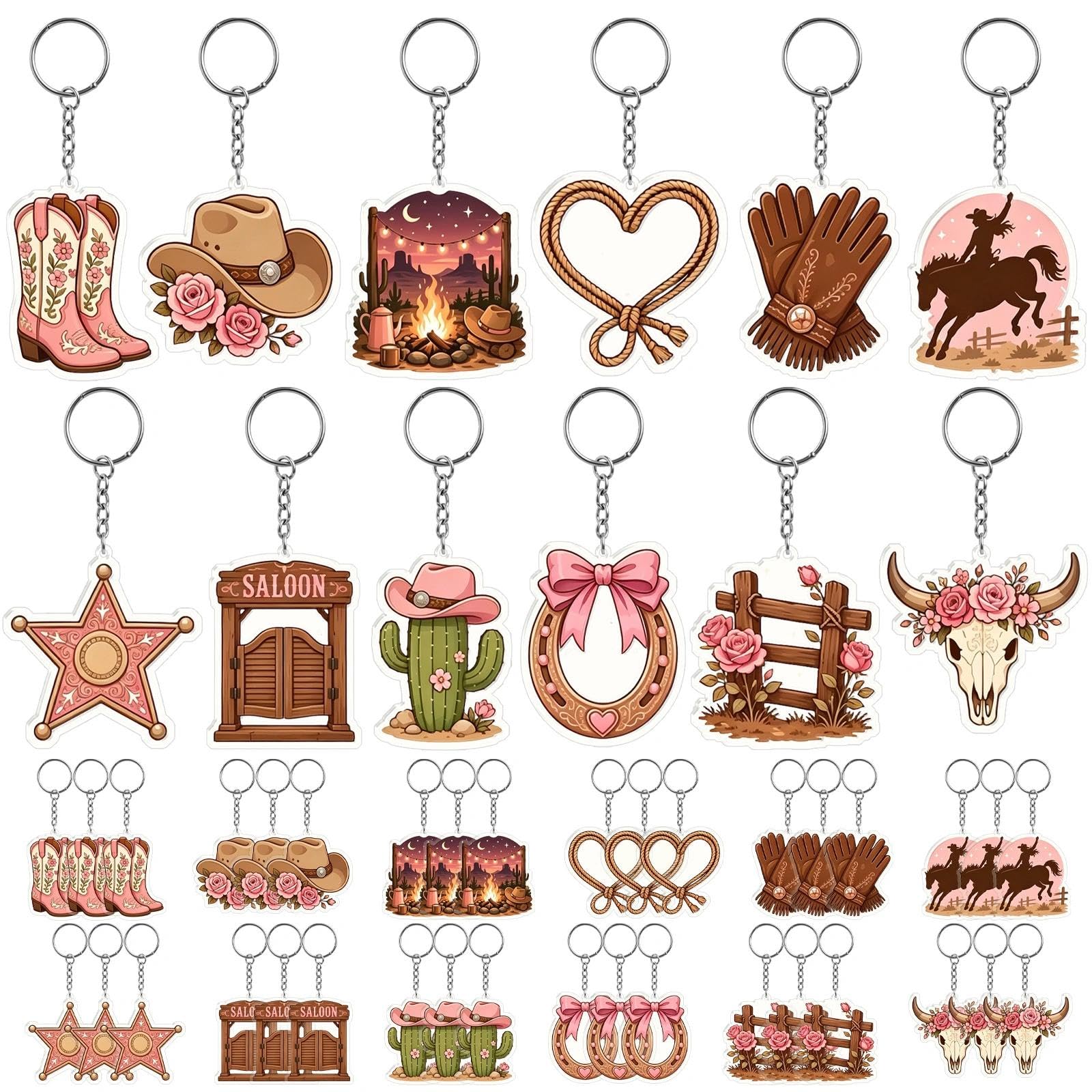 BLMHTWO 36PCS Western Cowboy Keychains Bulk, 12 Styles Acrylic Rodeo Key Rings, Pink Cowgirl Bag Charms, Themed Party Favors for Western Lovers Birthday Gifts