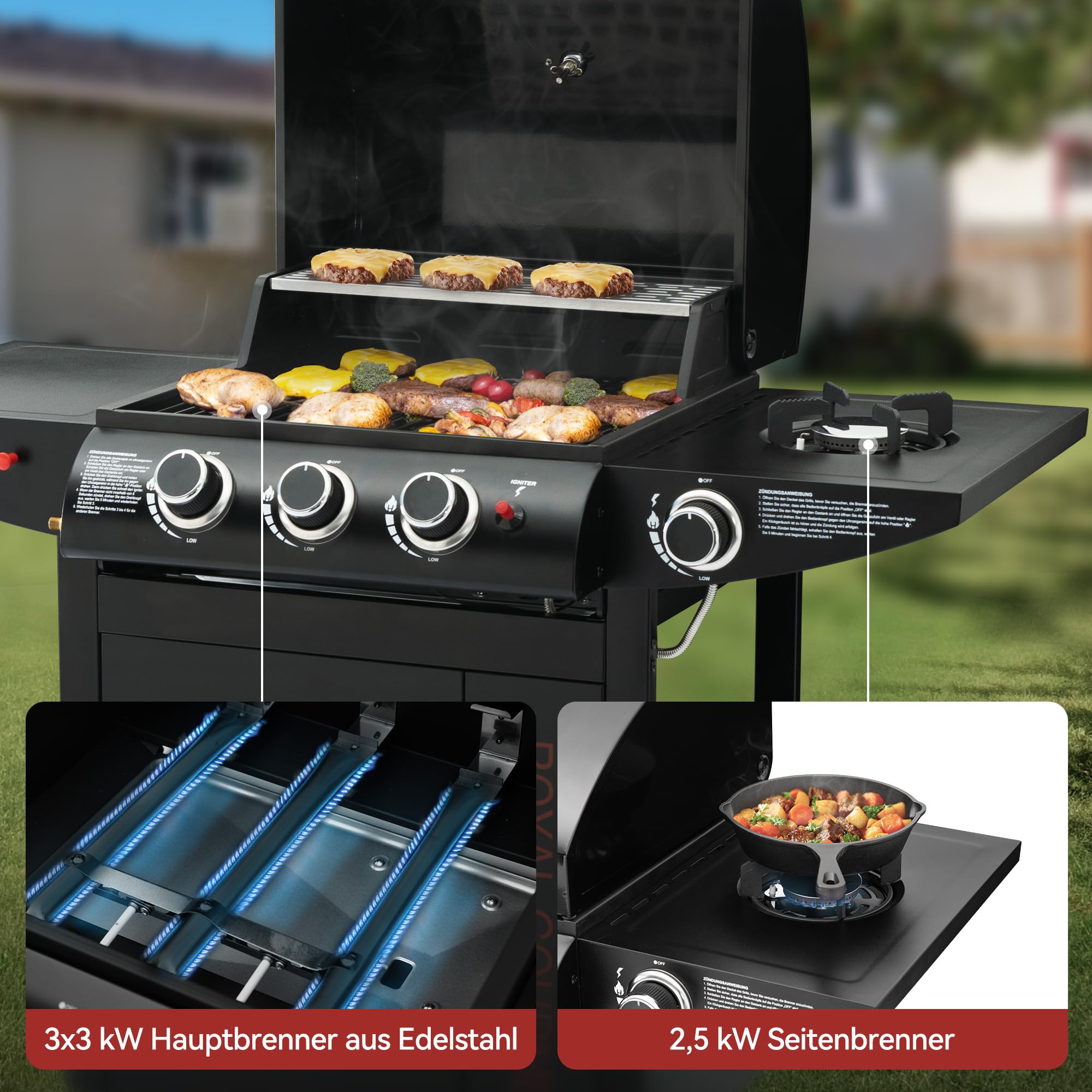 Royal Gourmet Gasgrill 3+1 Brenner Grillwagen mit 11,5 kW, Campinggrill mit Seitenbrenner, Outdoor Gas Grill inkl. Haken, Unterschrank für Balkon, Party Schwarz