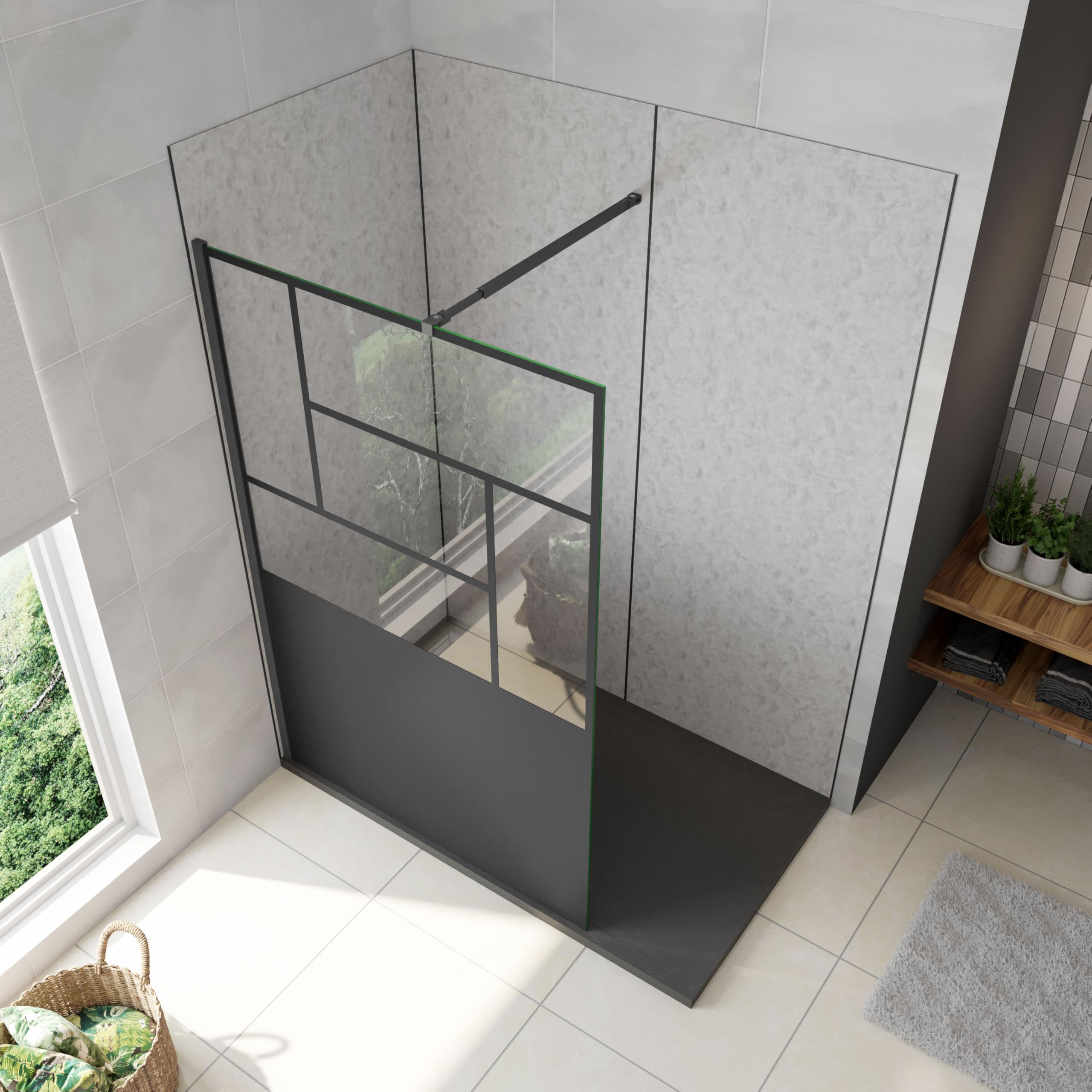 AICA Walkin Mampara Panel de ducha Pantalla Panel Fijo estilo industrial Cristal Antical 8mm con Barra 73-120cm Perfil Negro Mate,(877-900) x2000mm
