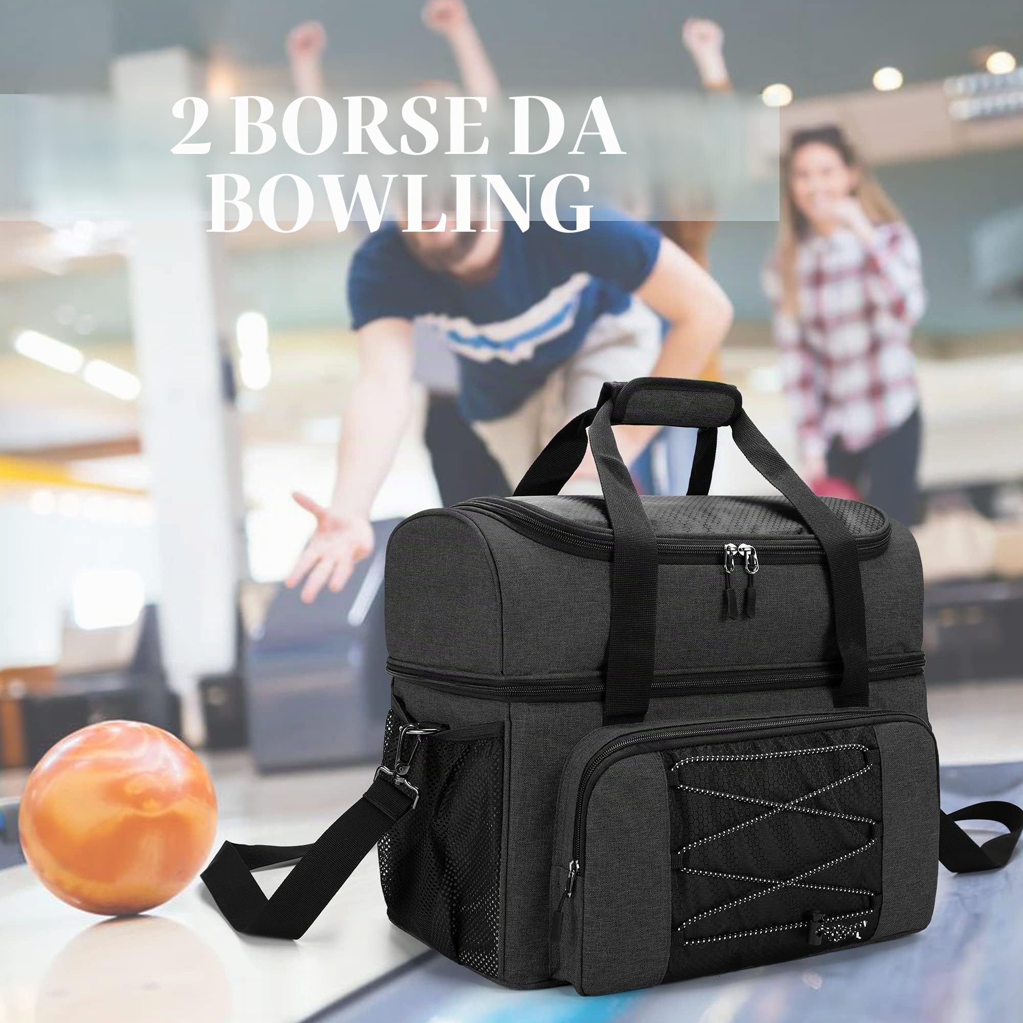 DSLEAF Borsa da bowling per 2 palline con tazze da bowling in legno e divisorio imbottito per doppia palla, solo borsa (design brevettato)