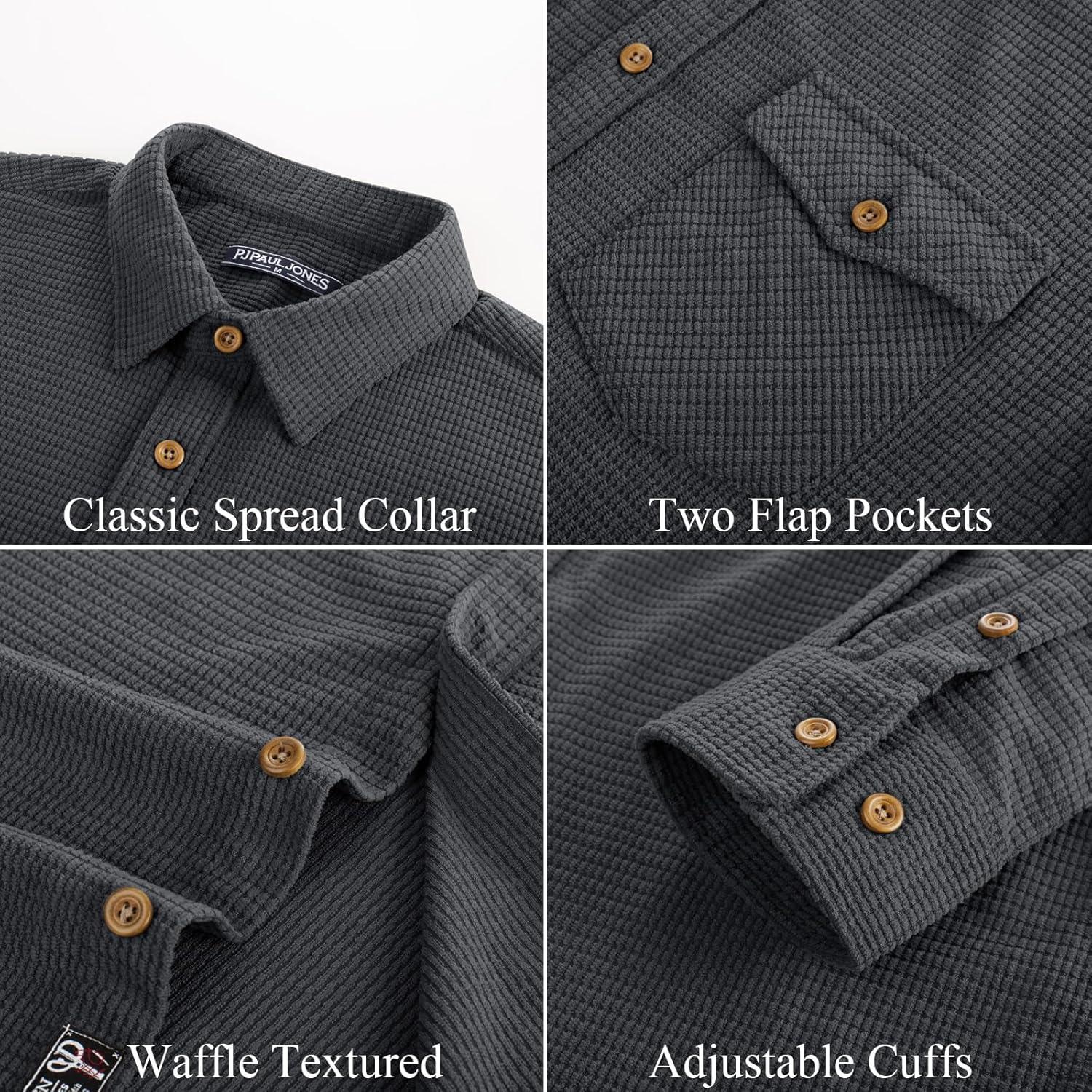 PJ PAUL JONES Men's Button Down Waffle Textured Shirt Casual Long Sleeve Wrinkle Free Untucked Shirts with Flap Pockets - Image 6
