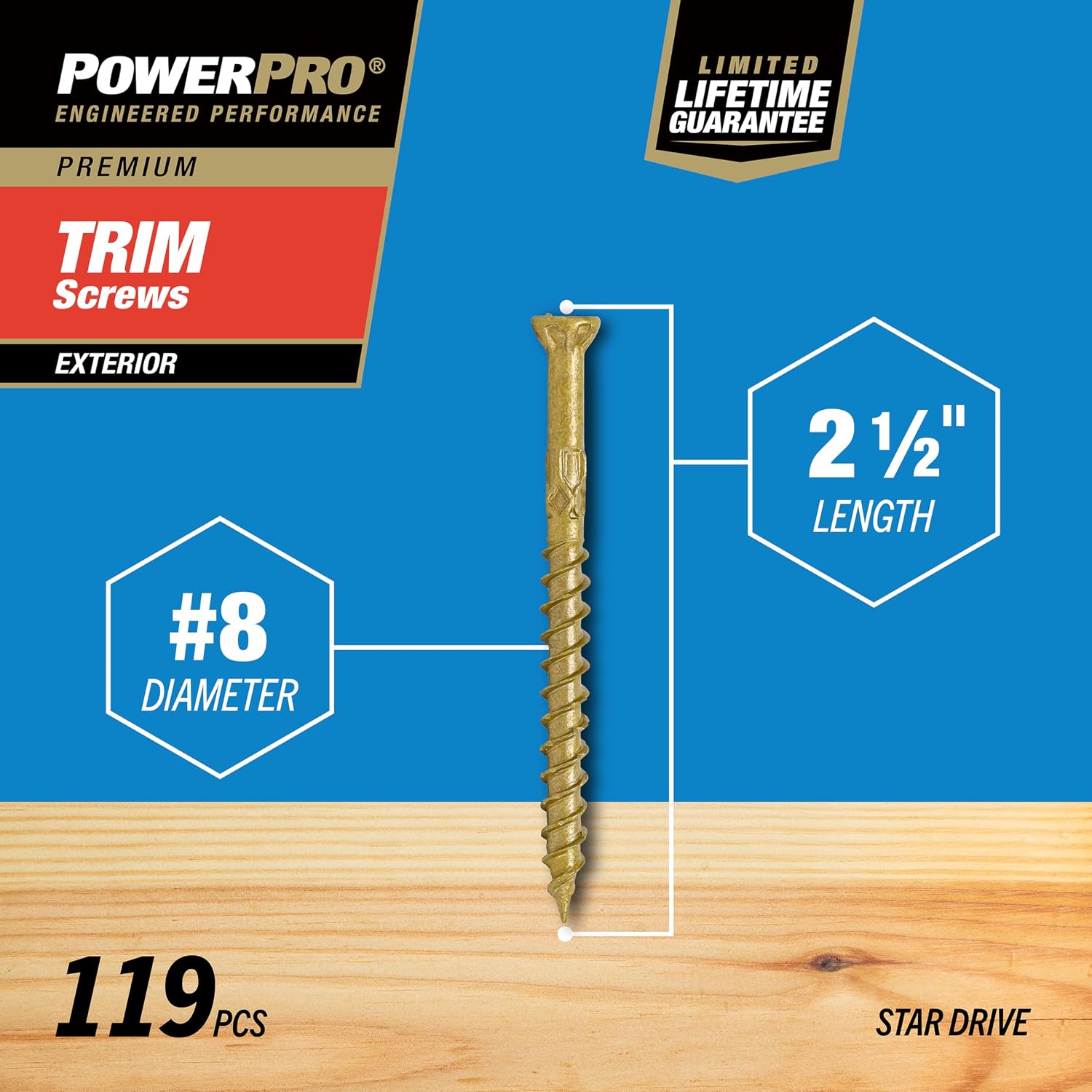 Power Pro 48632 Trim Screws, #8 x 2-1/2", All Purpose Wood, Deck, Composite, and Exterior Trim Screws, Rust Resistant, Bronze, 1lb Box, 131 pcs