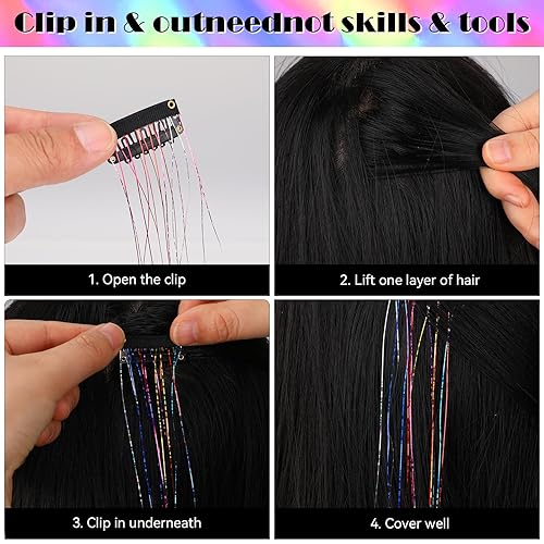 Miniatura 4 de Kit de 12 extensiones de cabello de oropel con clip, kit de oropel de 23.6 pulgadas, kit de oropel de cabello con clip, extensiones de cabello de
