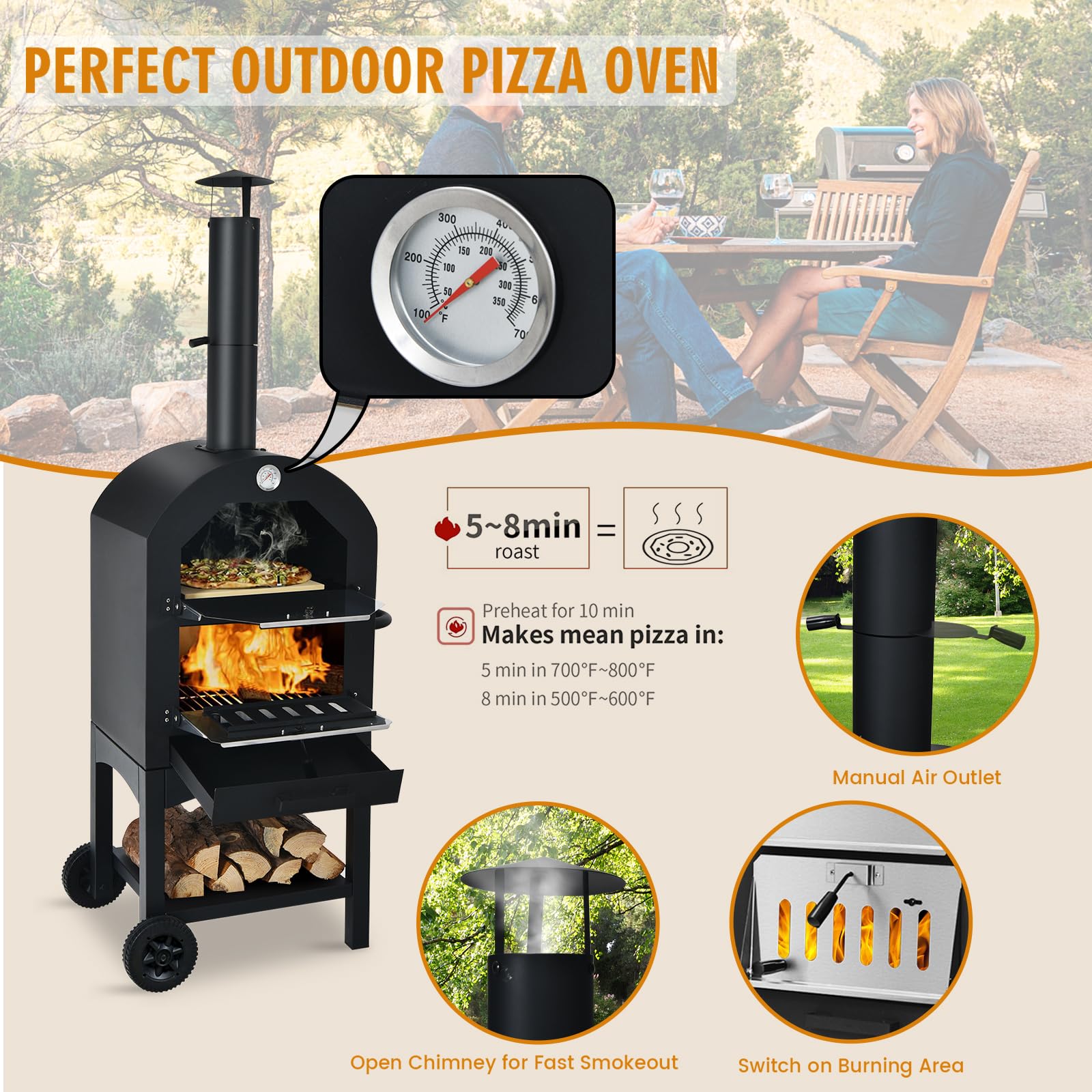 KOMFOTTEU Four à Pizza Extérieur 2 Niveaux 200℃-350℃ Portable Fer Mini-four avec Pierre à Pizza