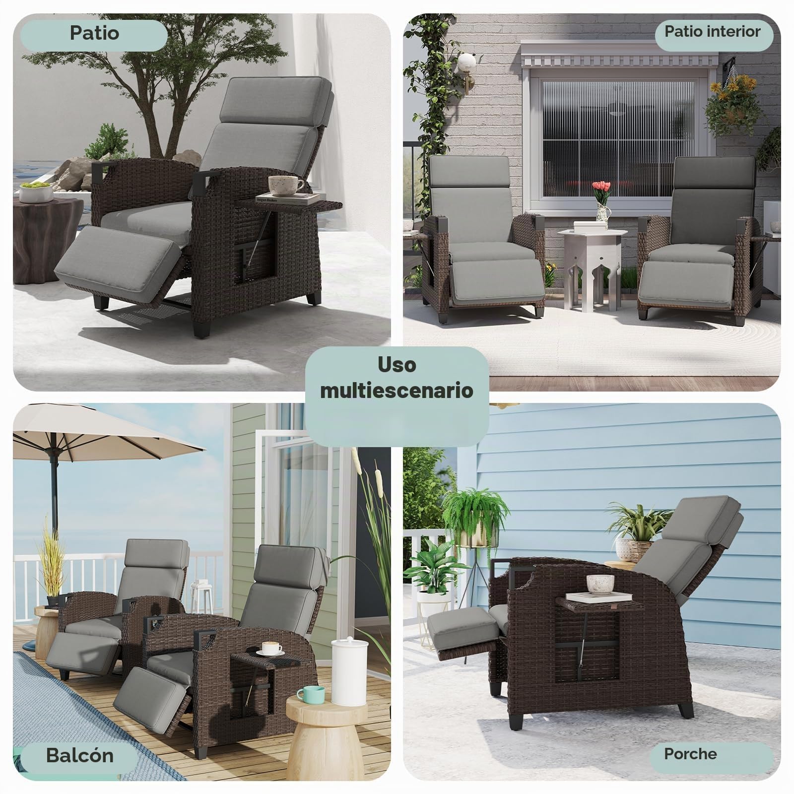 UDPATIO Sillón Ratán Jardin Exterior Reclinable, Tumbona de Jardín Ajustable 150°, con Respaldo Ajustable, Fundas + Extraíbles Cojines, Impermeable, para Interior y Exterior - Marrón