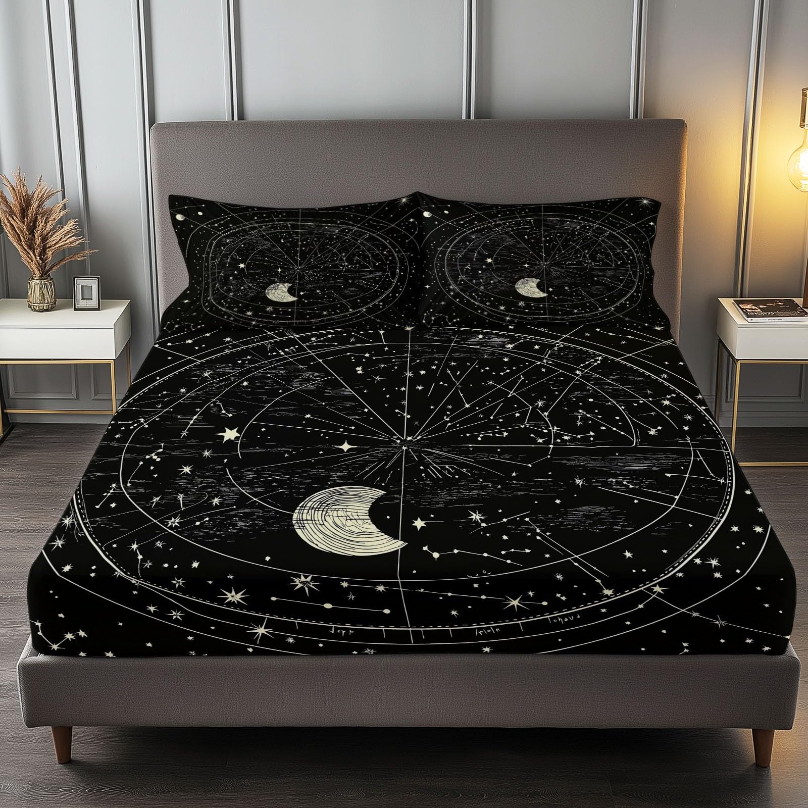 Fitted Sheet Twin Size Bedding Set for Kids Girls Women Men Room Decor, Soft Microfiber & Deep Pocket & Wrinkle Free Simple Stars Constellations Bedding Sheets, Black