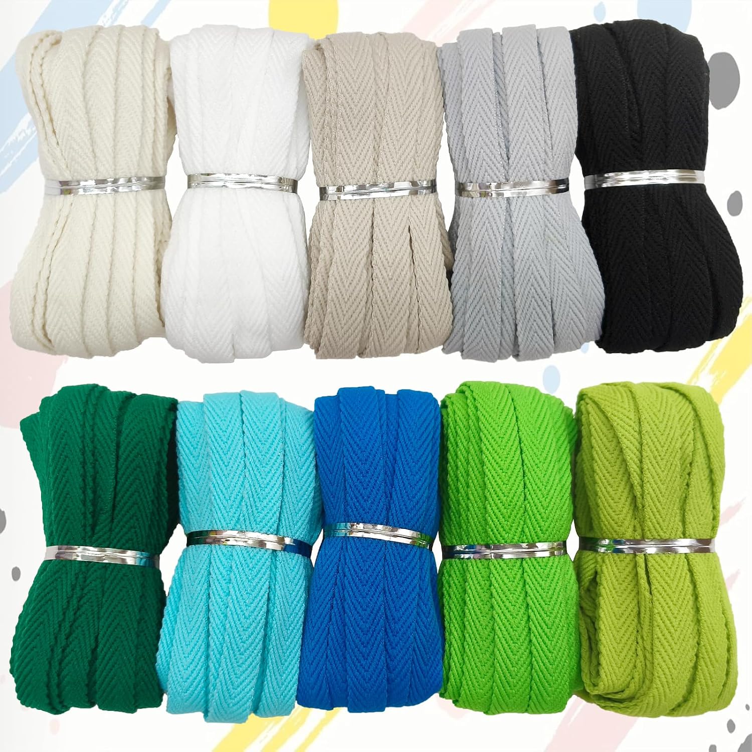 Assorted Herringbone Twill Tape Ribbon 3/8 inch-100Yards Decorative Polyester Cotton Webbing Straps Flat Bias Tape Fabric Trim for Sewing,Binding, Clothes,Hanging Loops,Handmade Projects & DIY Crafts