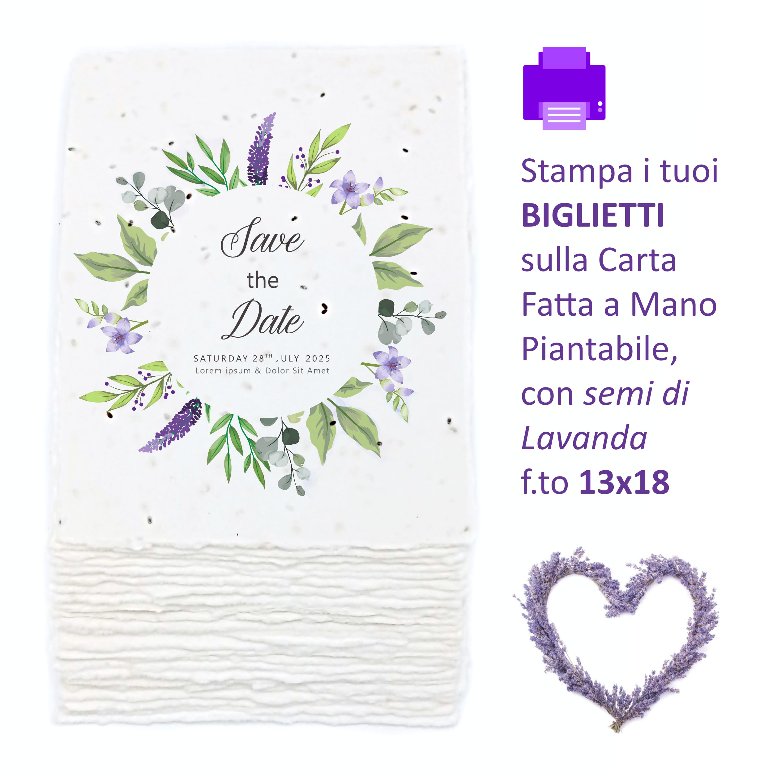 Biglietti/Partecipazioni/Inviti in Carta Piantabile Fatta a Mano, 13x18 cm, 300 g/m2, Confezione da 25, Made in Italy (Con Semi di Lavanda)