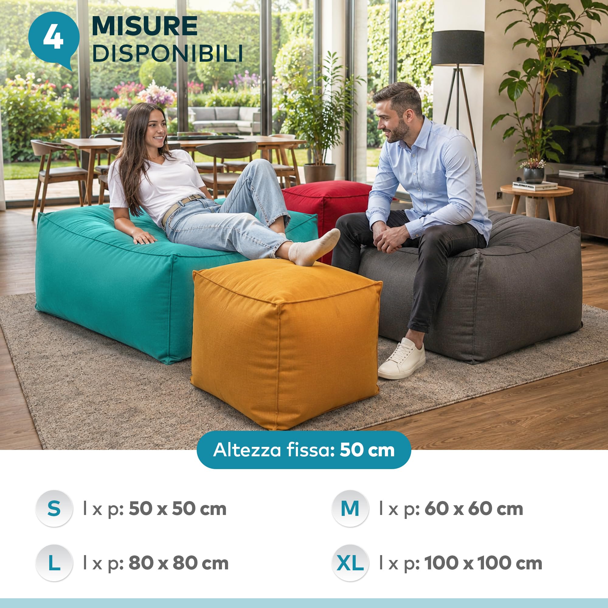 Deshome Pouf da esterno e interno - Pouf poggiapiedi quadrato 60x60x50 cm da giardino idrorepellente sfoderabile, Puff design moderno per soggiorno terrazzo e camera da letto Light Pouf Grigio marrone