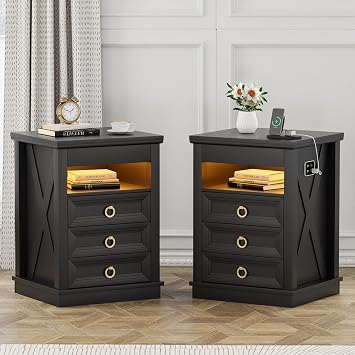 Nightstands Set of 2 with- Charging Station & Hidden Drawer, Farmhouse Bedside Tables with USB Ports, 3-Drawer End Table with Open Storage & LED Light, Black