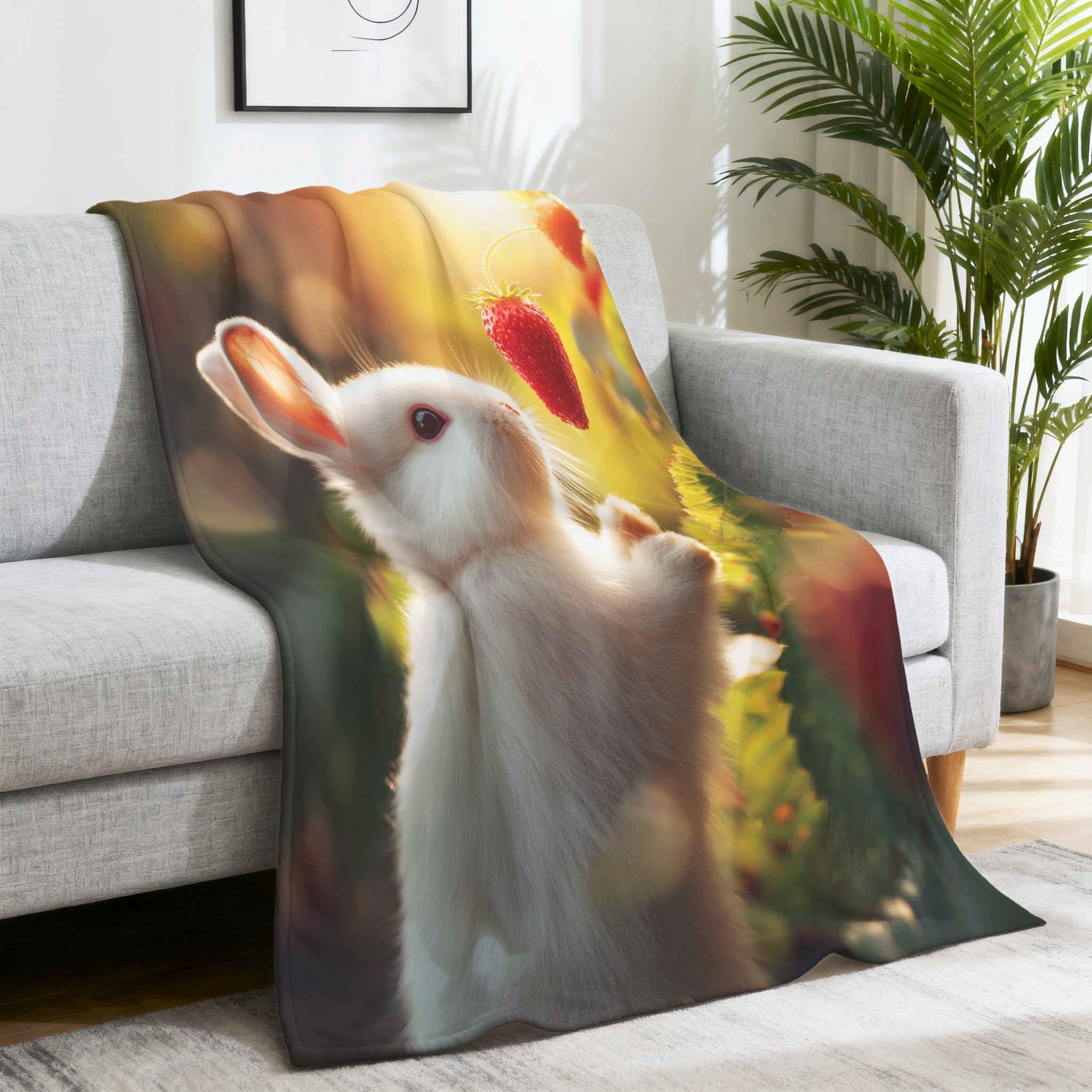 Générique 2-osobowa narzuta na sofę marzycielski świeży flanelowy koc truskawkowy królik pluszowa mikrofibra kosz odpowiedni dla dzieci 180 x 200 cm, biały