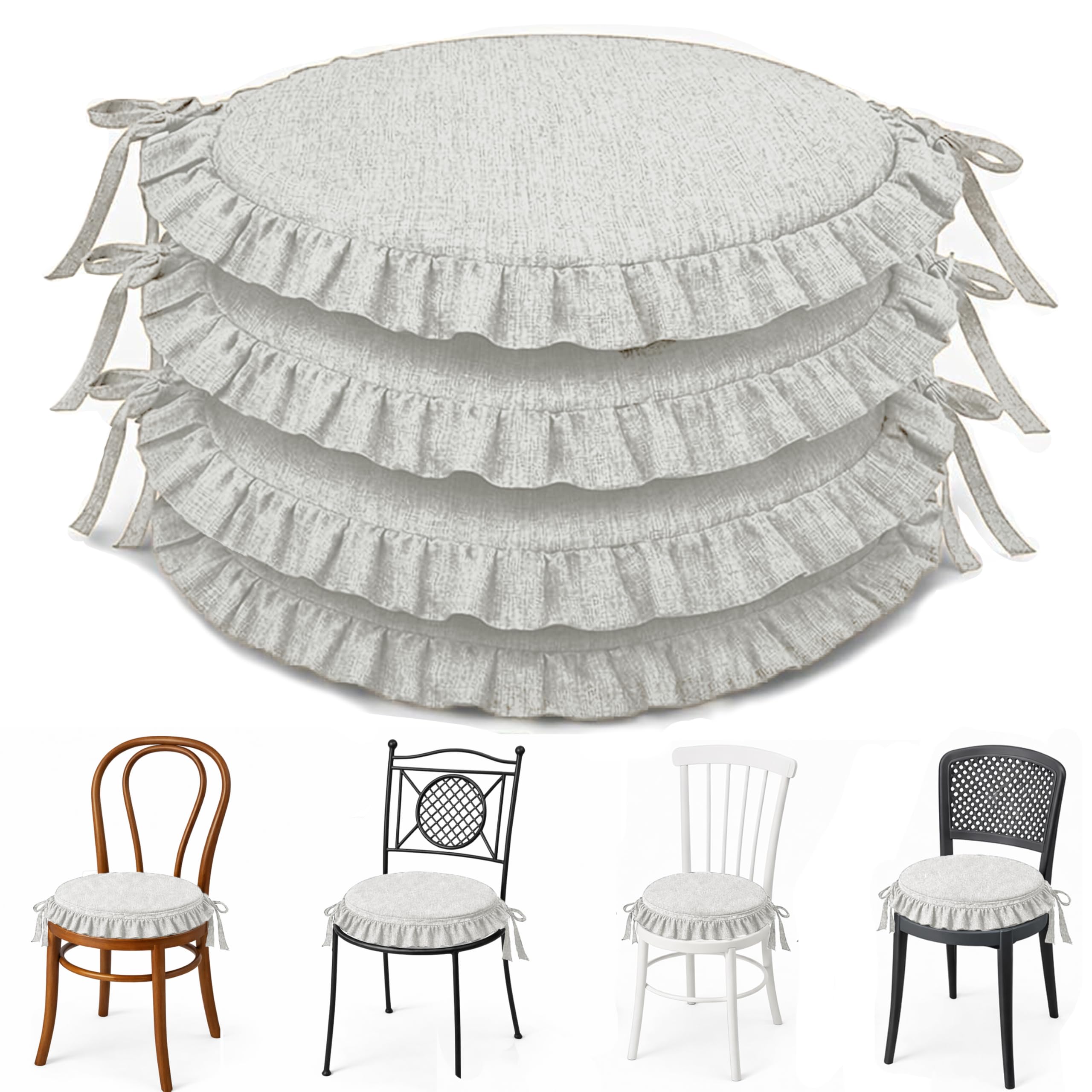 HAND Set 4 Cuscini Rotondi per Sedie con Lacci Antiscivolo, Sfoderabili, Imbottitura Inclusa, Dimensioni con bordi 45x45 cm, Adatto per Cucina, Interni ed Esterno, Cuscini O Made in Italy (Ecrù)