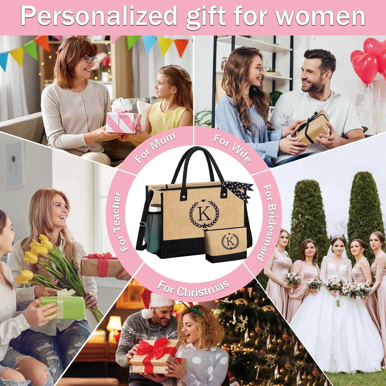 GhvyenntteS Gifts for Women - Initial Jute Tote Bag & Makeup Bag, Valentines Day Gifts for Her Teacher Mom Wife Friend Birthday - Image 9
