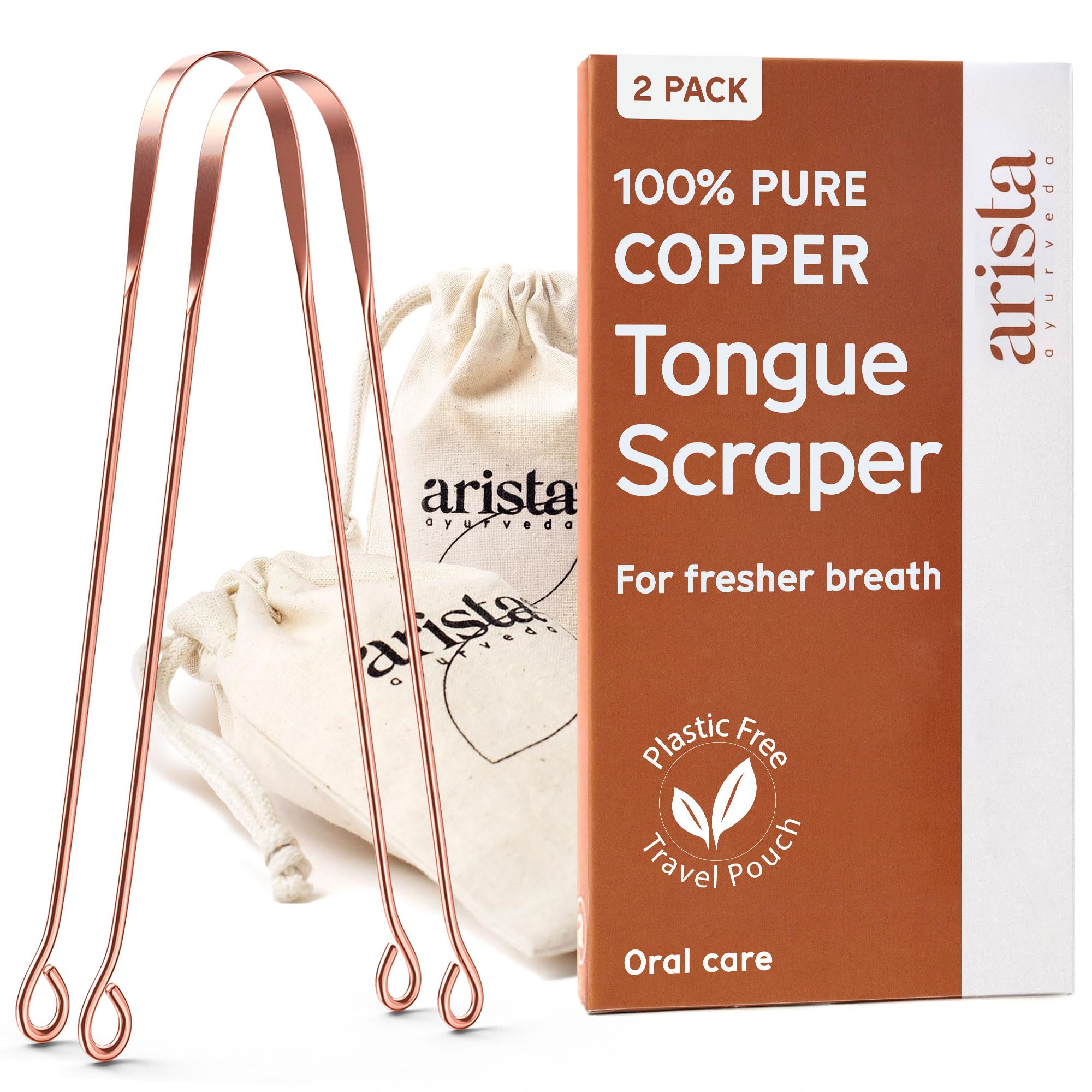 Arista Copper Tongue Scraper 2 Pack, Pure Copper Tongue Cleaner for Adults, Kids Tongue Scraper Copper, Tongue Scrapers for Adults, Metal Tongue Scraper Ayurvedic, Bad Breath Cure Tongue Scraper Kit